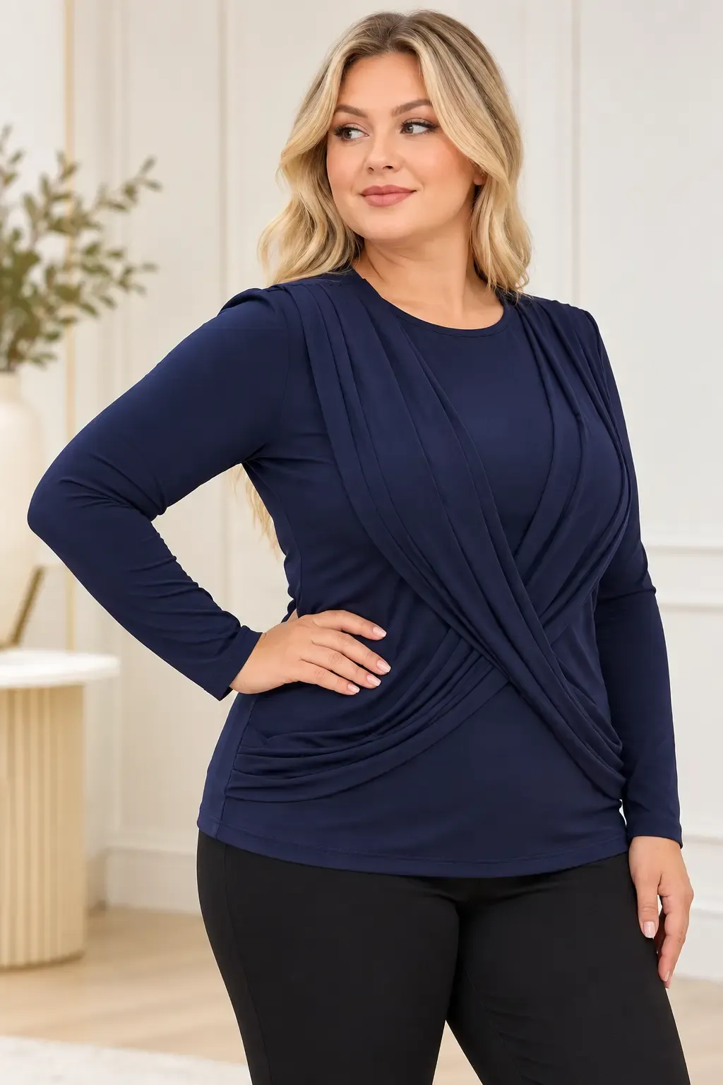 Kadın Lacivert Bisiklet Yaka Çapraz Drape Detaylı Uzun Kollu Bluz HZL28W-ZSS1150