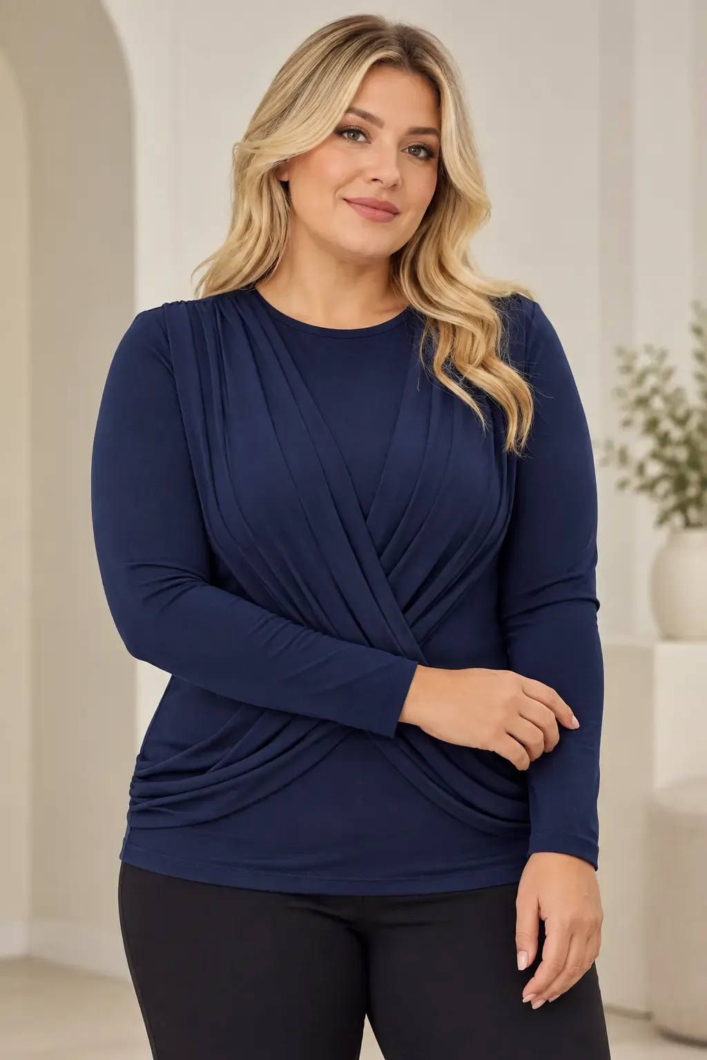 Kadın Lacivert Bisiklet Yaka Çapraz Drape Detaylı Uzun Kollu Bluz HZL28W-ZSS1150