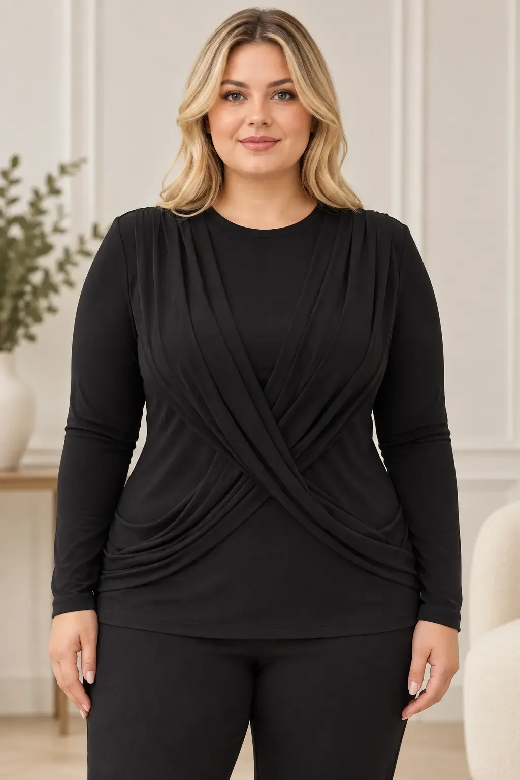Kadın Siyah Bisiklet Yaka Çapraz Drape Detaylı Uzun Kollu Bluz HZL28W-ZSS1150