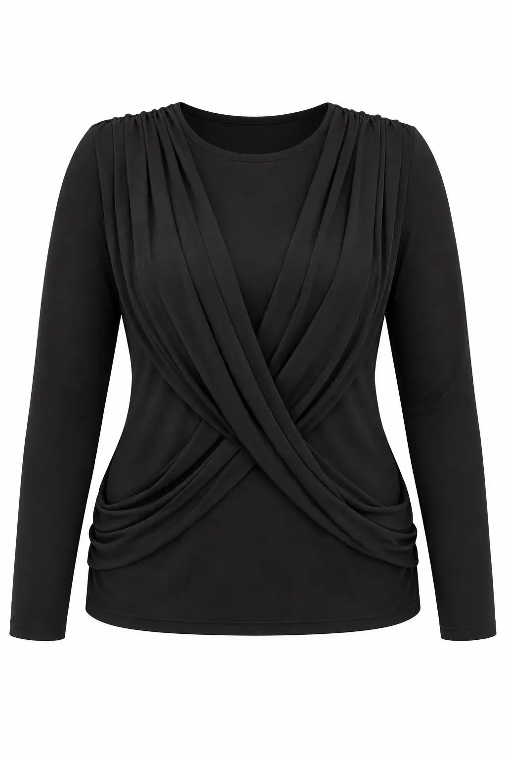 Kadın Siyah Bisiklet Yaka Çapraz Drape Detaylı Uzun Kollu Bluz HZL28W-ZSS1150