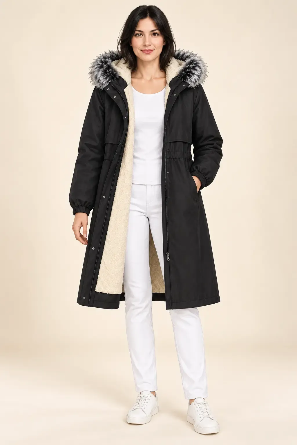 Kadın Siyah Büyük Beden Kapüşonlu Kürk Detaylı İçi Peluş Astarlı Uzun Kaban HZL28W-RZB219