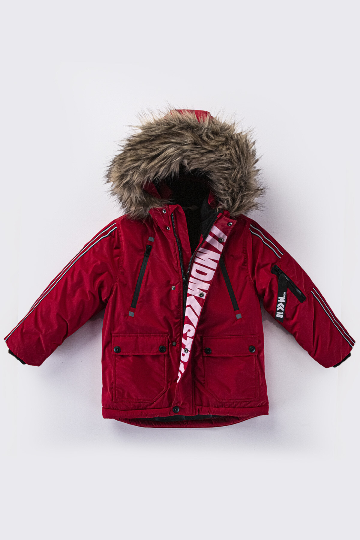 Erkek Çocuk Kaban 6-13 Yaş Kışlık Şişme Astarlı Yakası Kürk Kapüşonlu Kırmızı Mont HZL22W-M21362