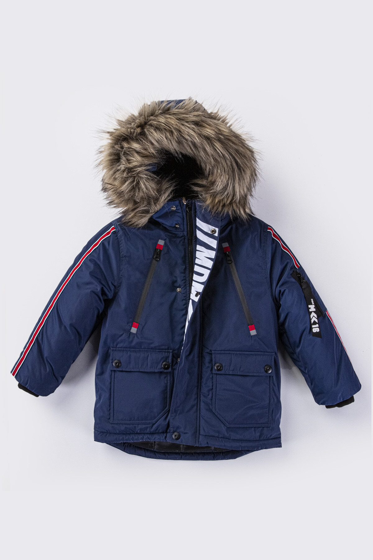 Erkek Çocuk Kaban 6-13 Yaş Kışlık Şişme Astarlı Yakası Kürk Kapüşonlu Lacivert Mont HZL22W-M21362