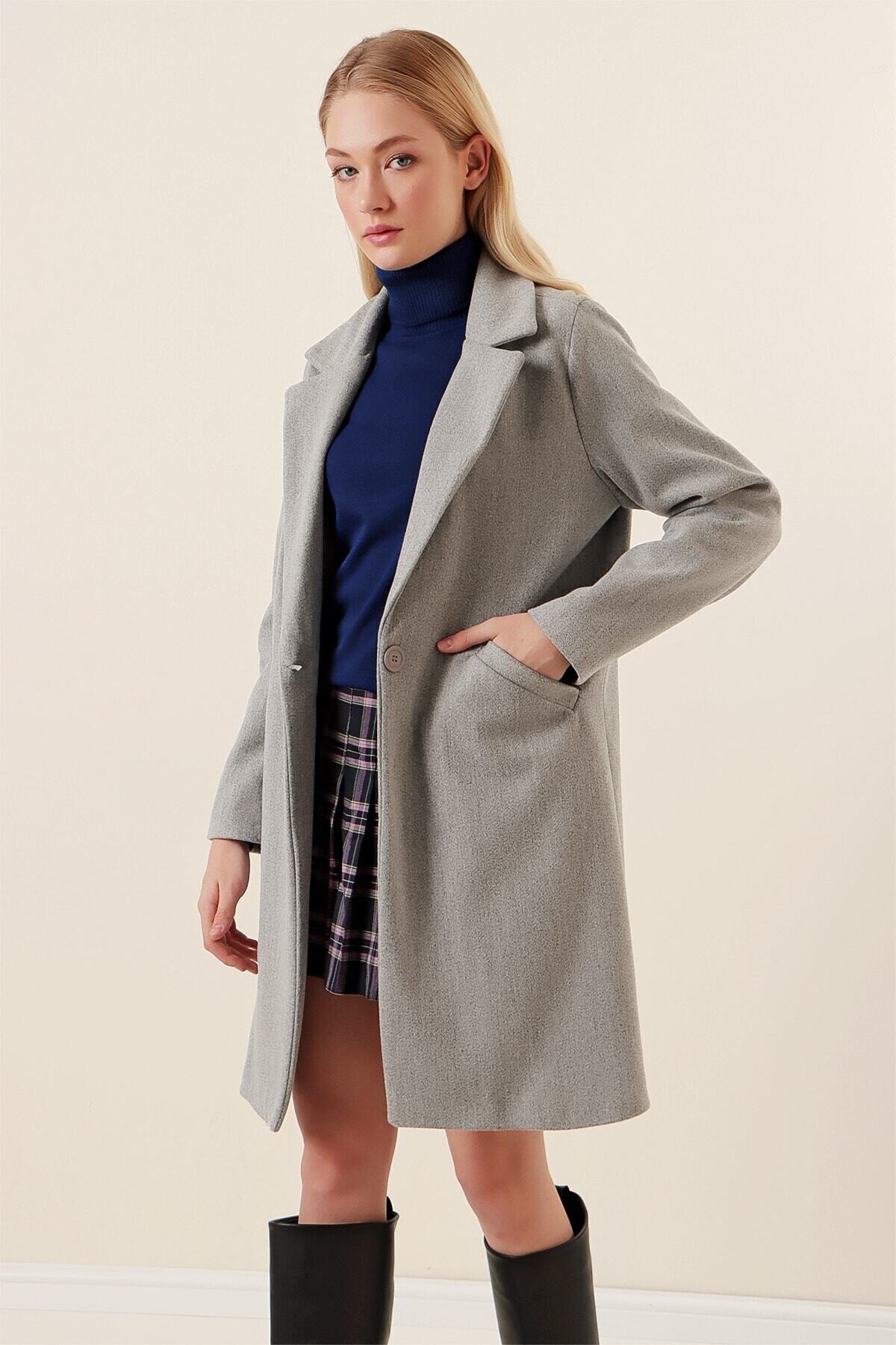 Kadın Açık Gri Tek Düğmeli Çift Cepli Astarlı Şık Kaşe Kaban HZL23W-BD190851