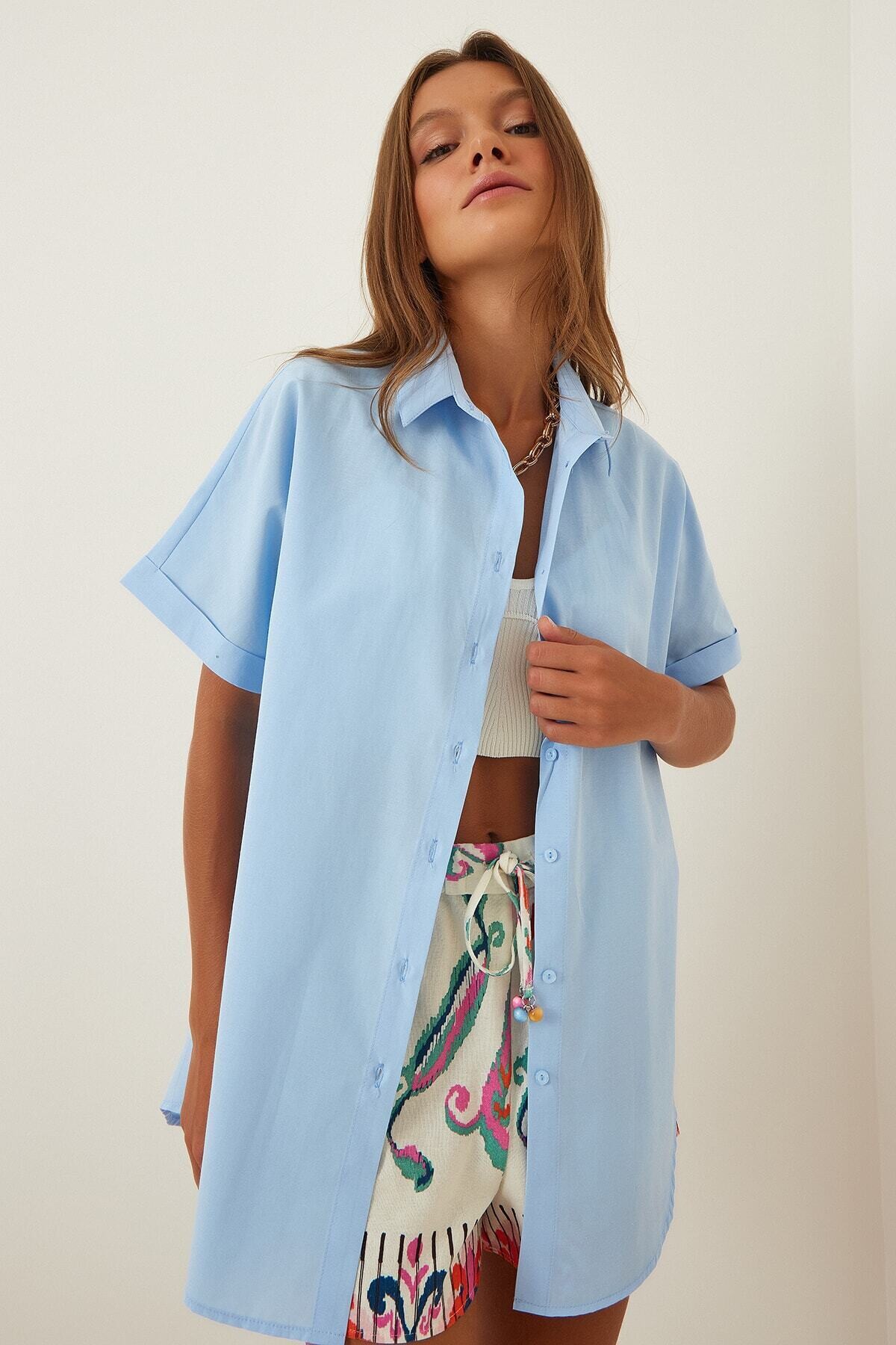 Kadın Açık Mavi Oversize Uzun Kısa Kollu Basic Poplin Gömlek HZL22S-BD1201201