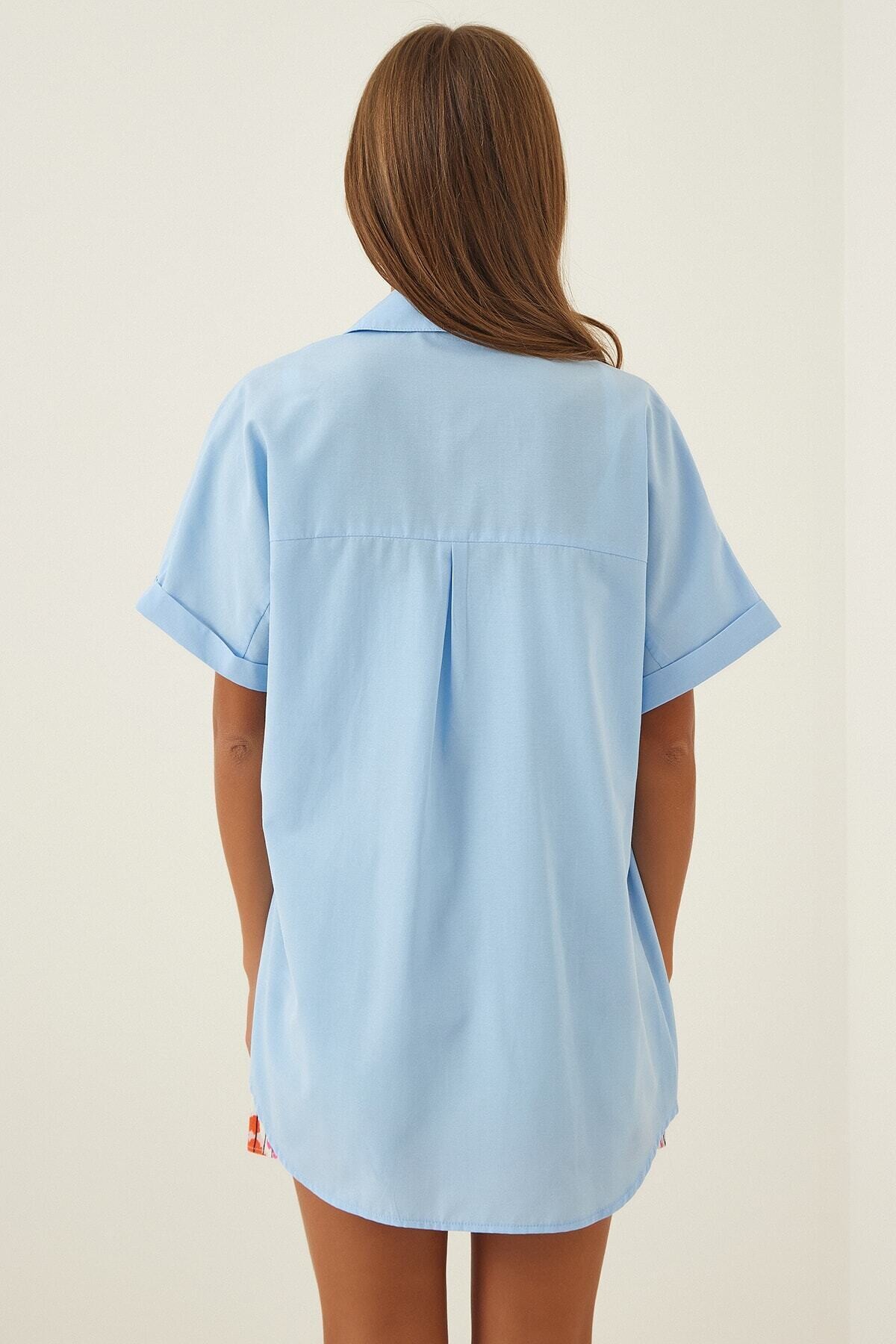 Kadın Açık Mavi Oversize Uzun Kısa Kollu Basic Poplin Gömlek HZL22S-BD1201201