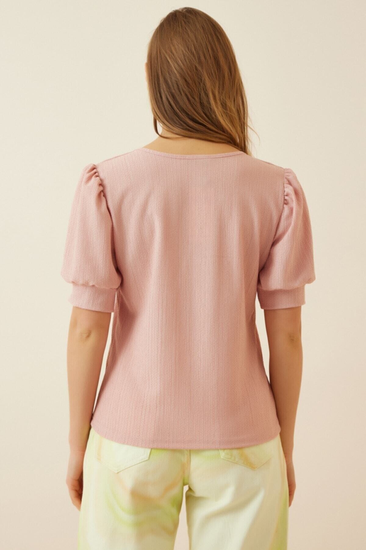 Kadın Açık Pembe Kare Yaka Örme Bluz Hzl22w-bd104091