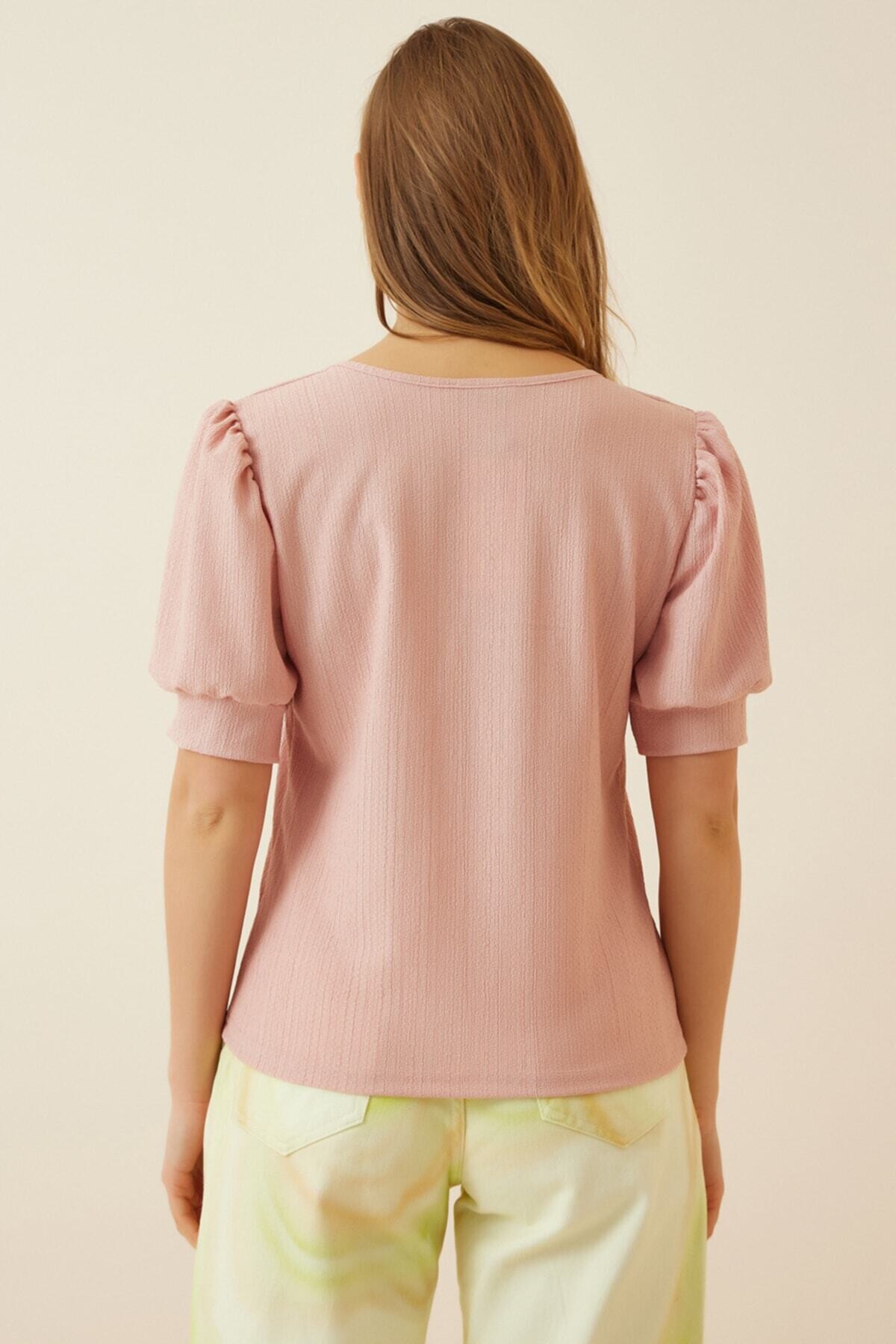 Kadın Açık Pembe Kare Yaka Örme Bluz Hzl22w-bd104091