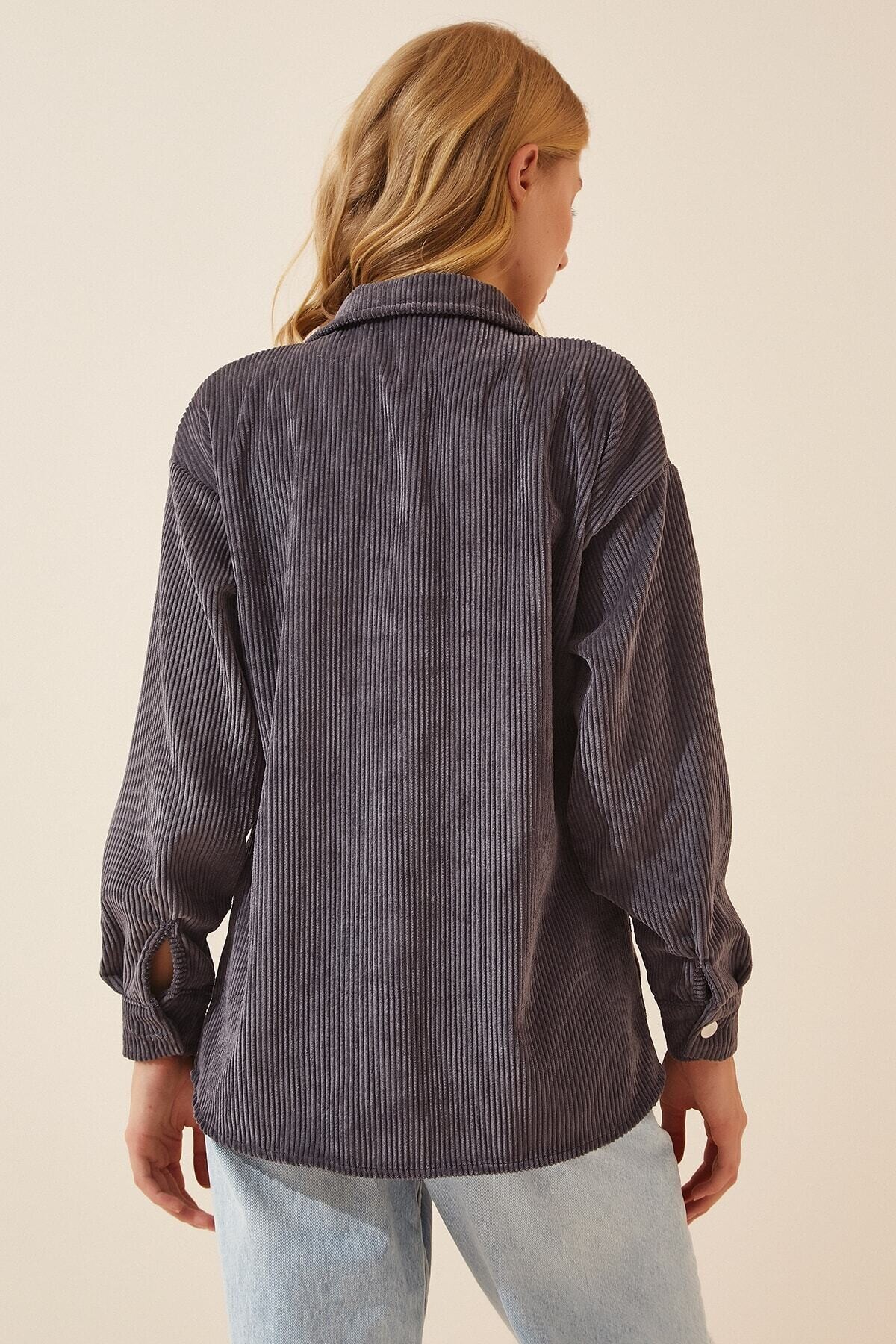 Kadın Antrasit Kadife Hafif Oversize Şık Gömlek HZL23W-BD138651