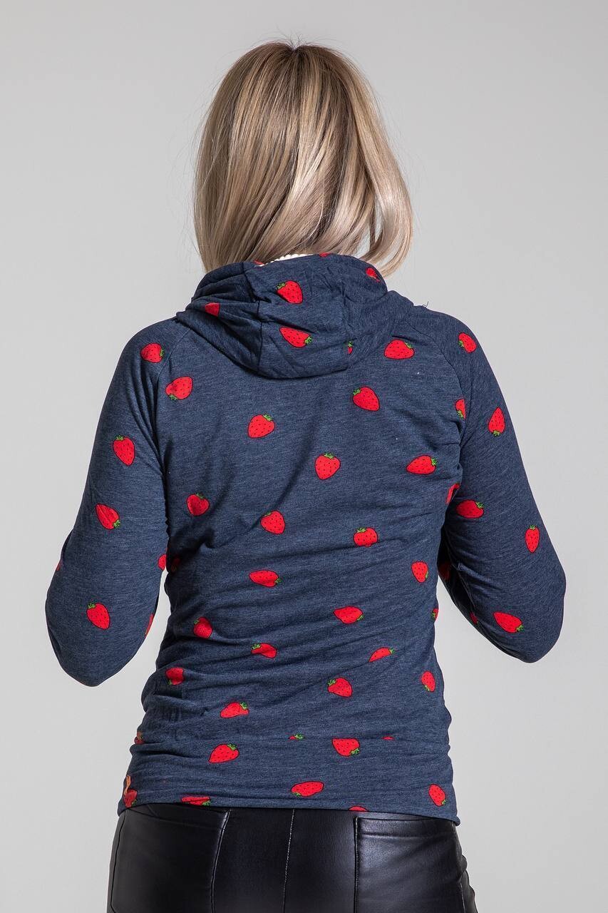 Kadın Antrasit Kapüşonlu Çilek Desenli Reglan Kol Penye Sweatshirt HZL23W-SR120011