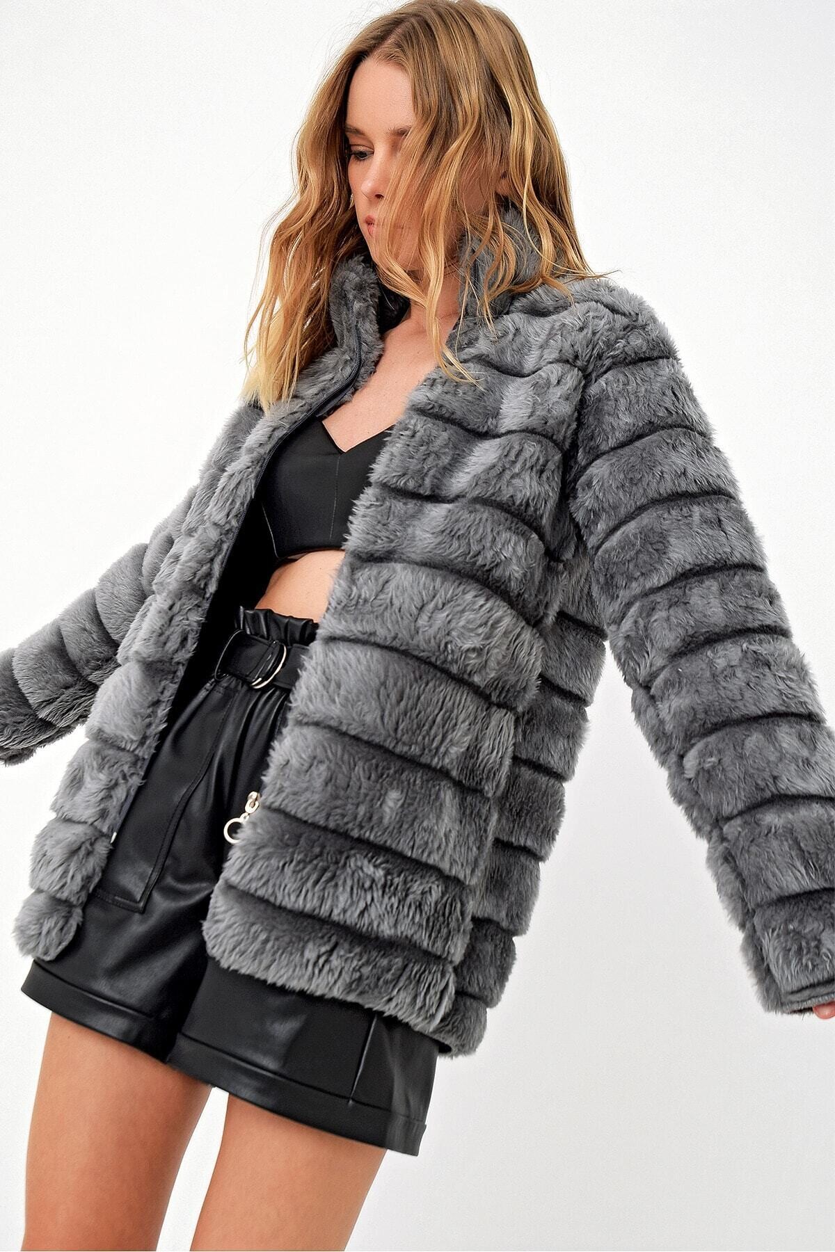 Kadın Antrasit Şık Peluş Suni Kürk Ceket HZL23W-DSB110061