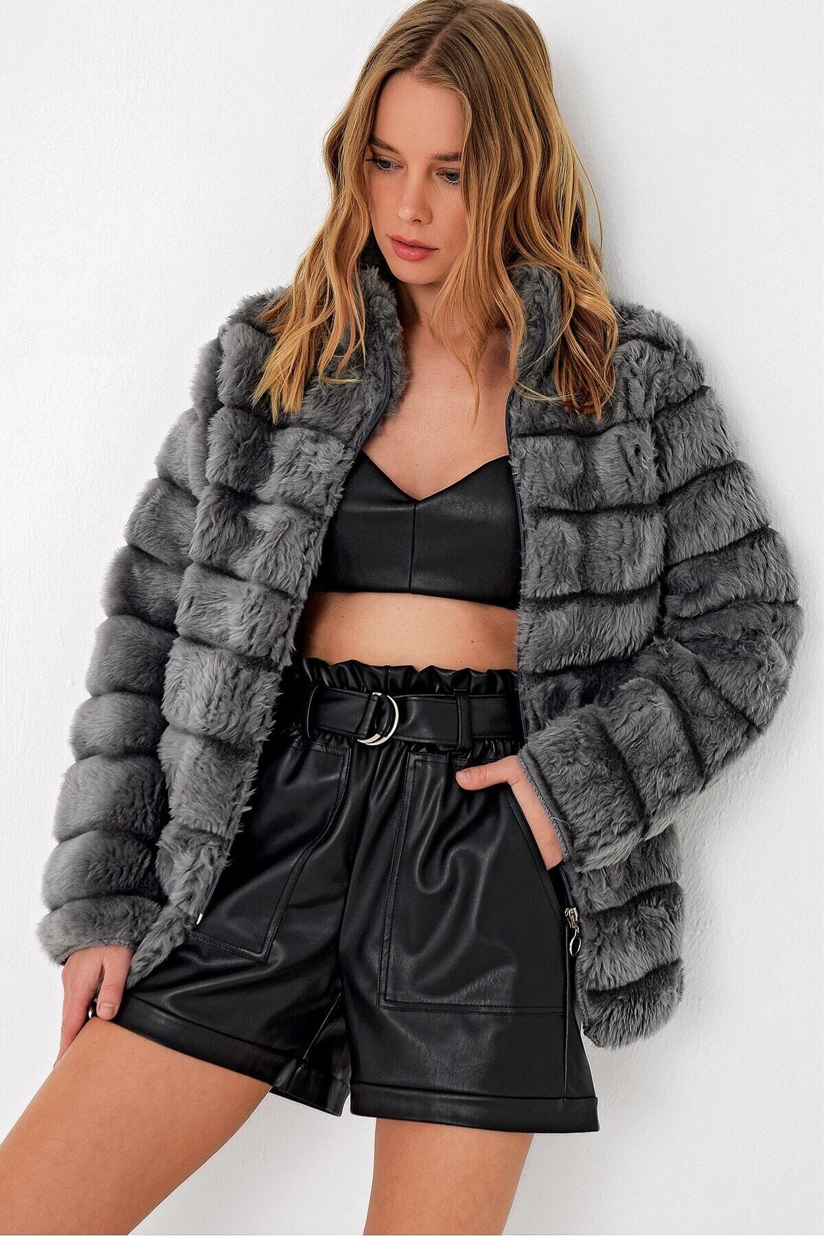 Kadın Antrasit Şık Peluş Suni Kürk Ceket HZL23W-DSB110061
