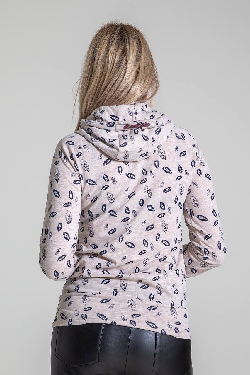 Kadın Bej Kapüşonlu Yaprak Desenli Reglan Kol Penye Sweatshirt HZL23W-SR120011