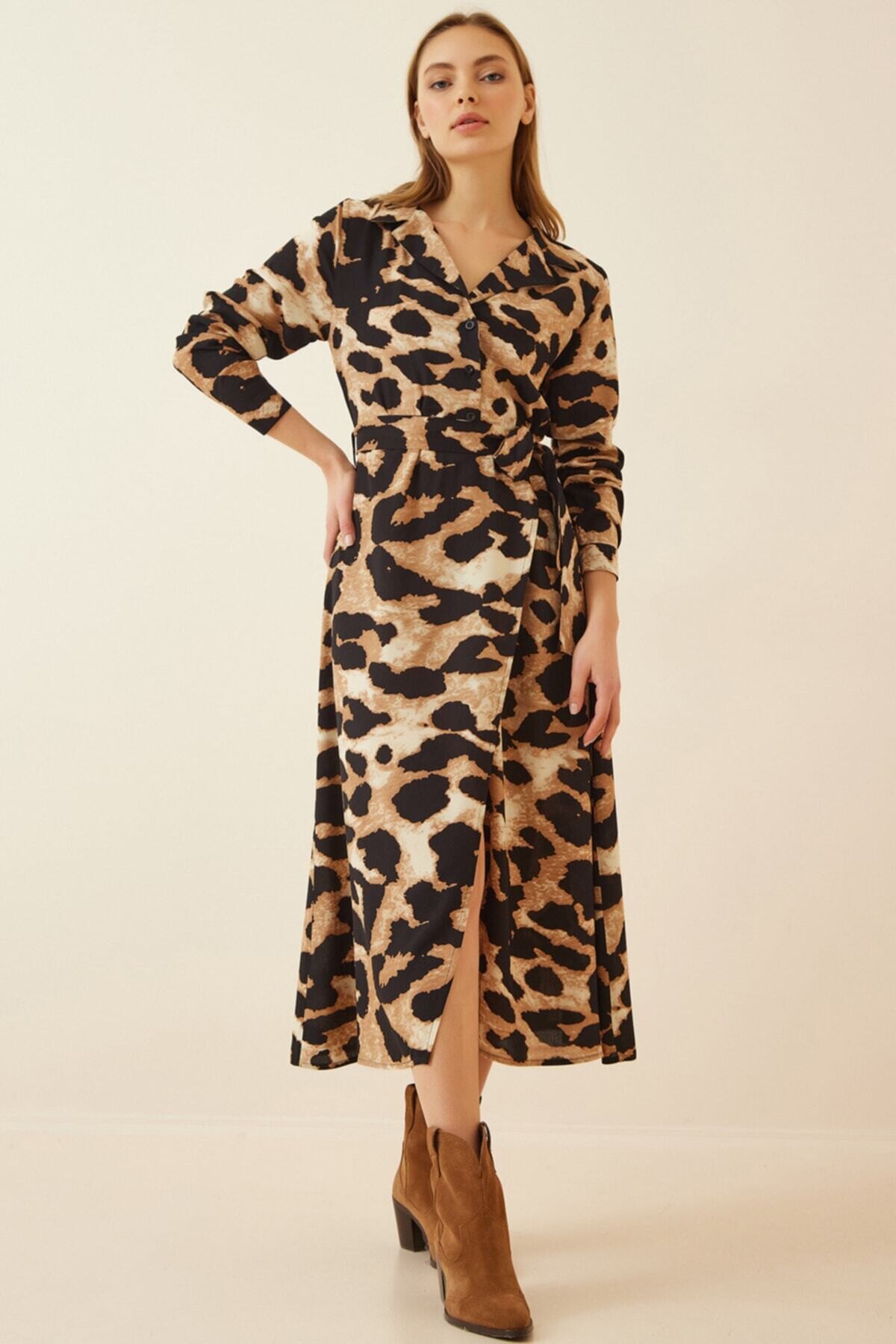 Kadın Bej Siyah Leoparlı Uzun Kollu Kuşaklı Yırtmaçlı Gömlek Yaka Viskon Elbise HZL22S-BD123361