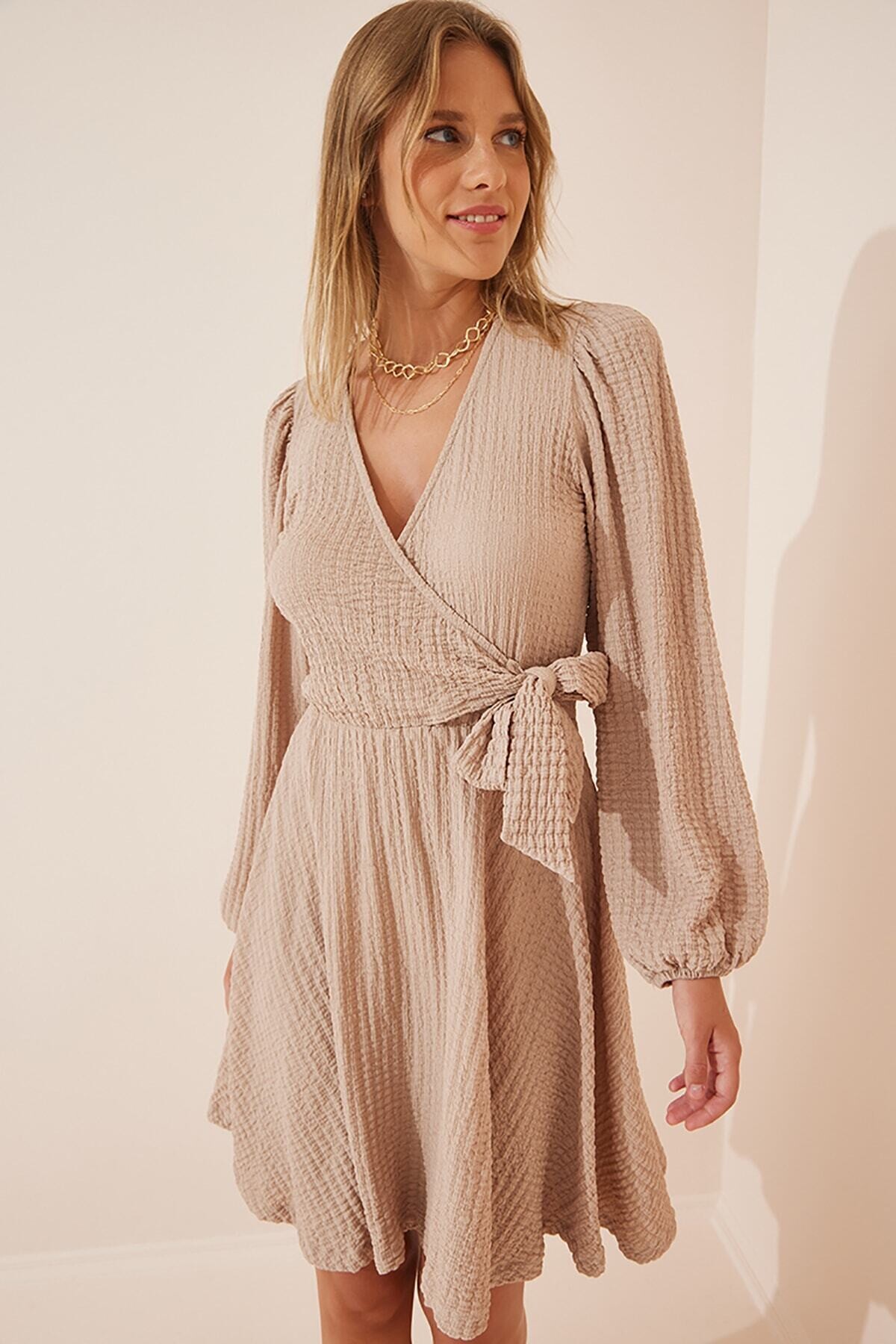 Kadın Bej V Yaka Dokulu Likralı Uzun Kollu Anvelop Örme Elbise HZL23W-BD123621