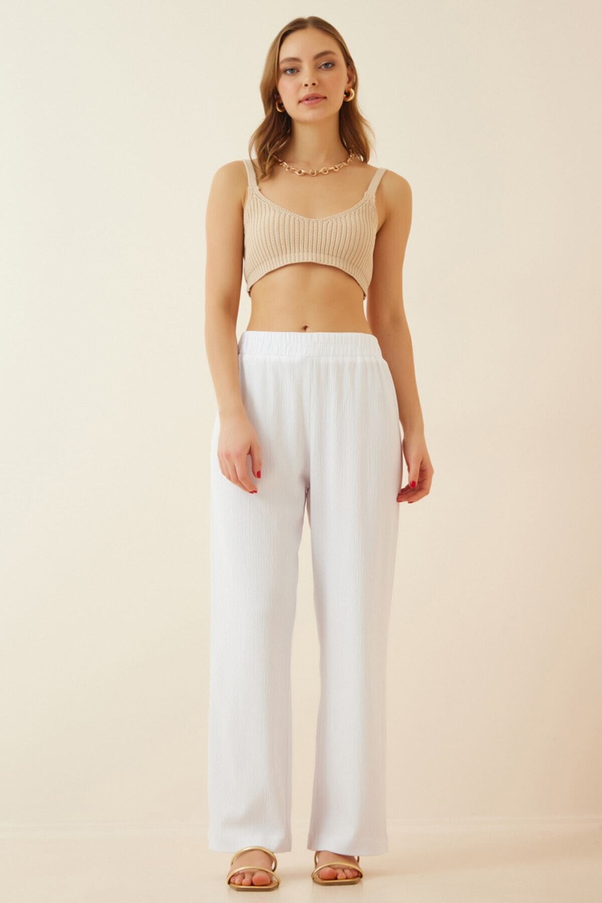 Kadın Beyaz Beli Lastikli Ayarlanabilir İpli Bol Paça Örme Palazzo Pantolon HZL22S-BD165431