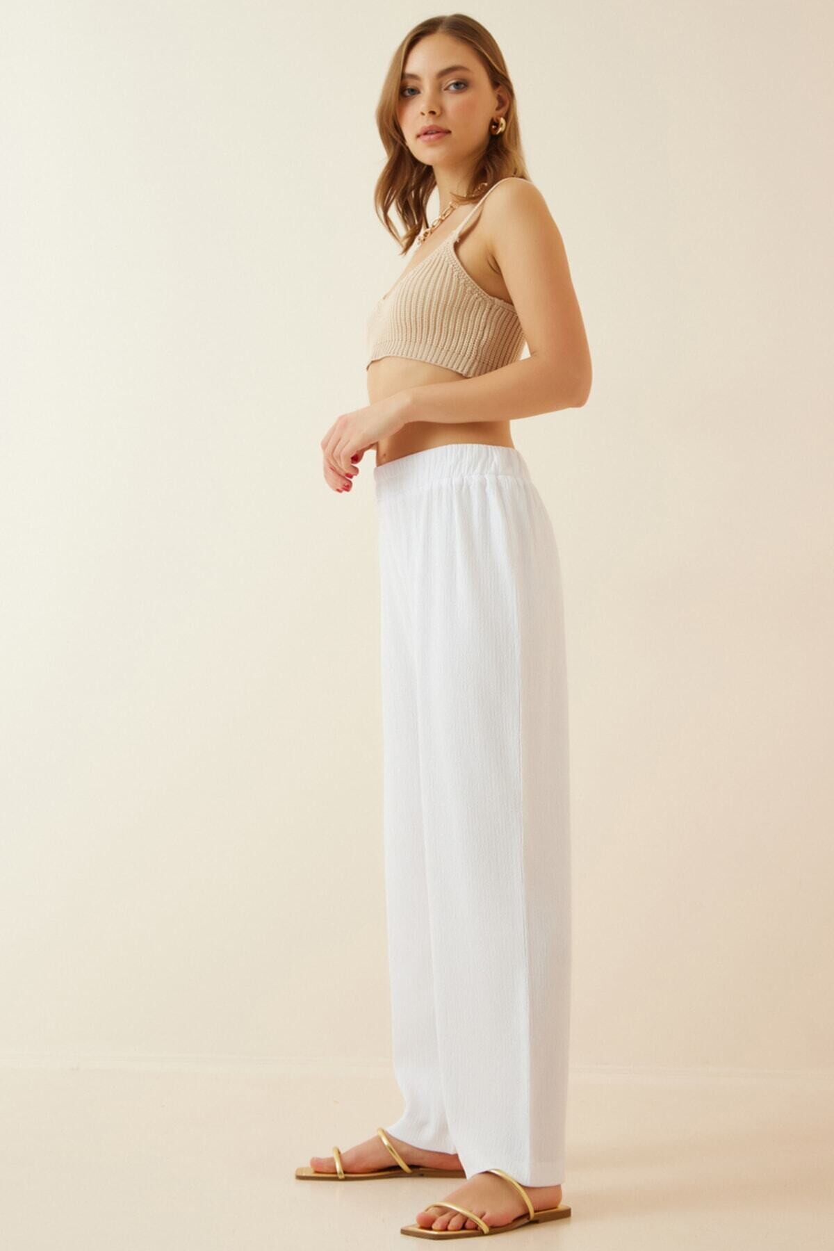 Kadın Beyaz Beli Lastikli Ayarlanabilir İpli Bol Paça Örme Palazzo Pantolon HZL22S-BD165431