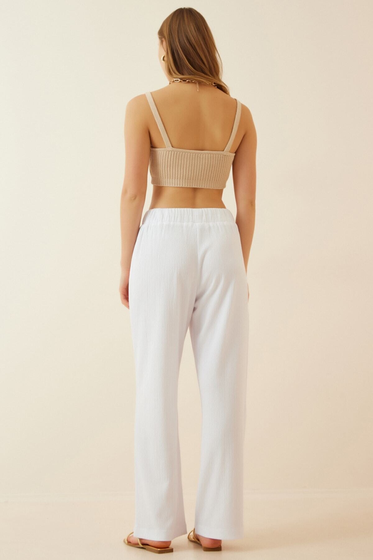Kadın Beyaz Beli Lastikli Ayarlanabilir İpli Bol Paça Örme Palazzo Pantolon HZL22S-BD165431
