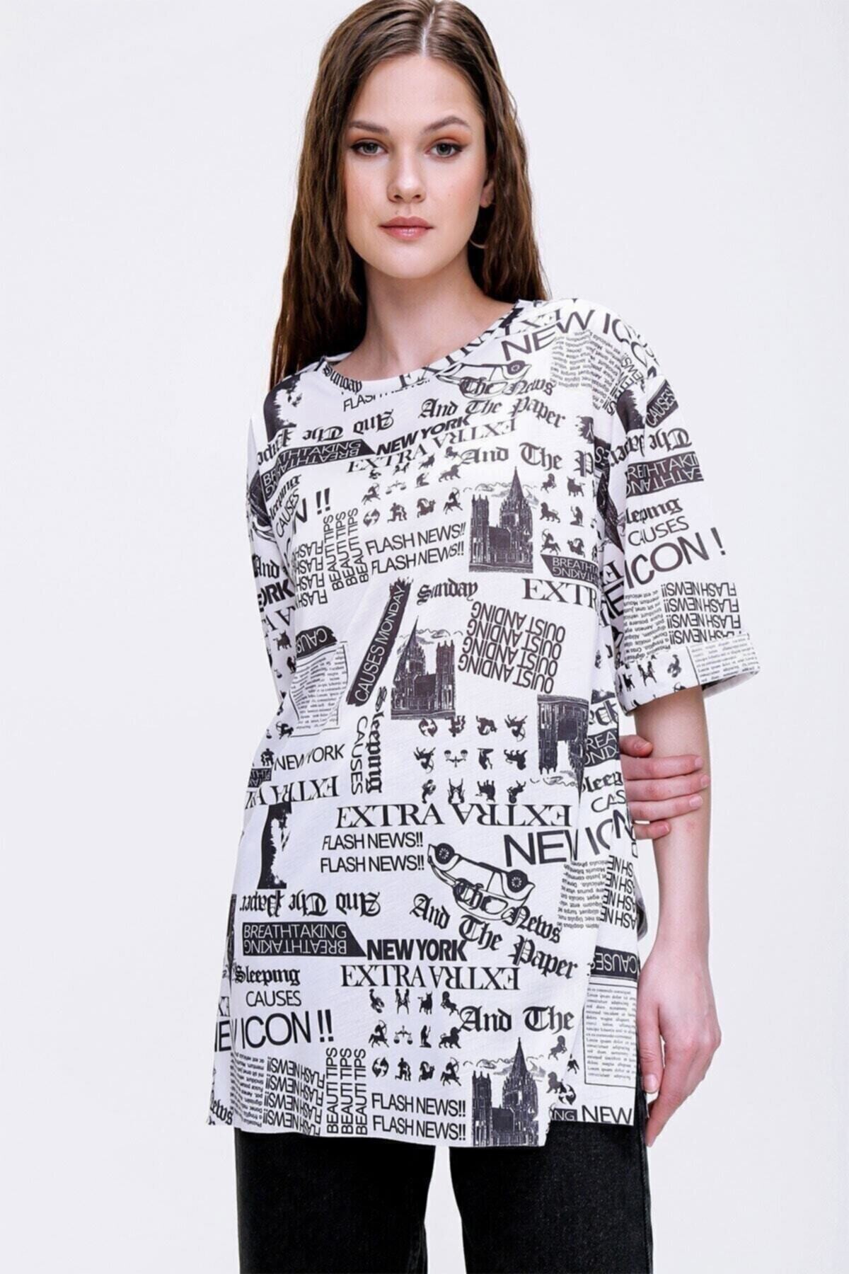 Kadın Beyaz Bisiklet Yaka Yandan Yırtmaçlı Kolu Katlı Oversize Örme T-shirt Hzl22s-bd142991