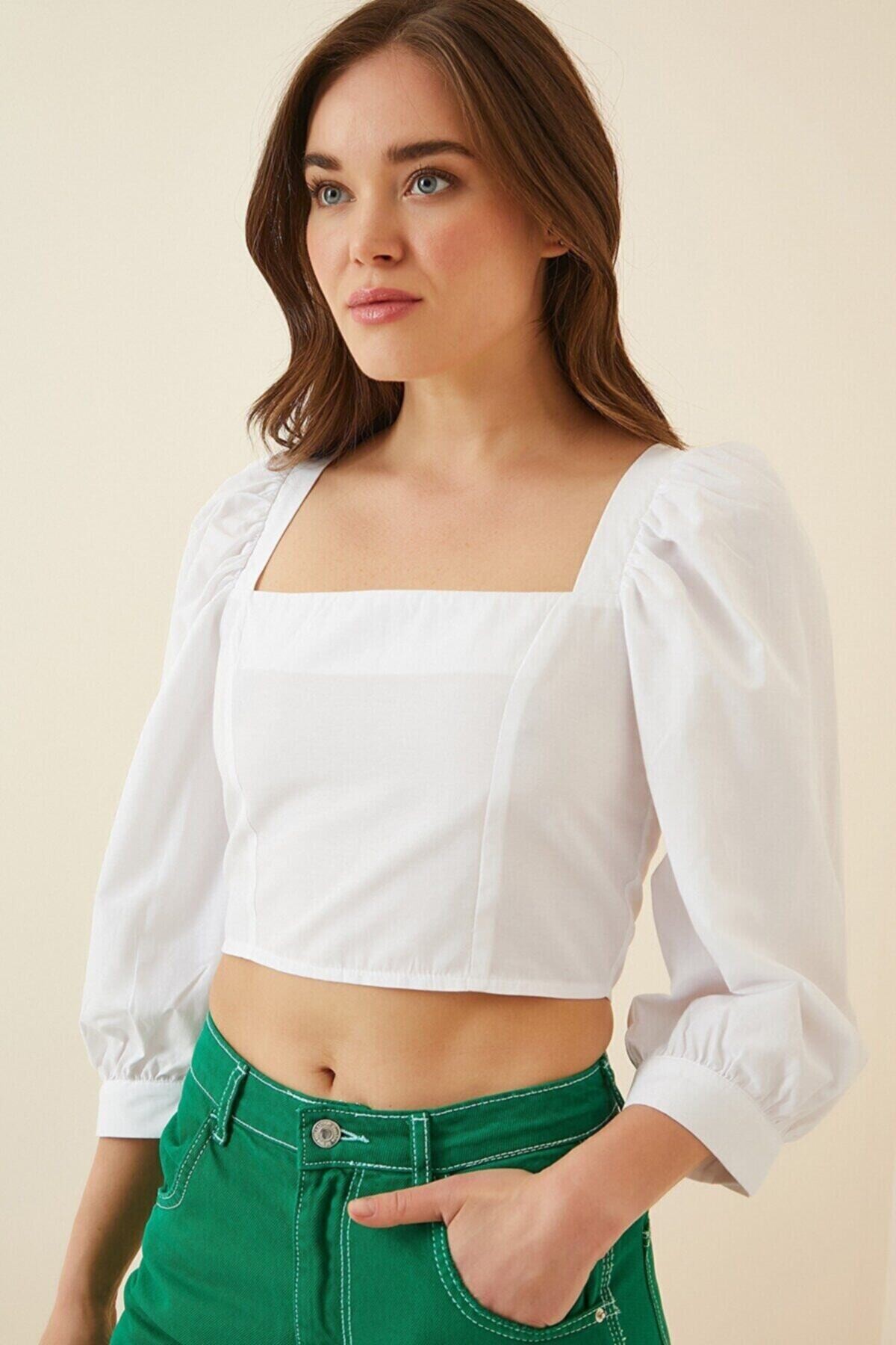 Kadın Beyaz Kare Yaka Juliet Kol Crop Bluz HZL22S-BD104171