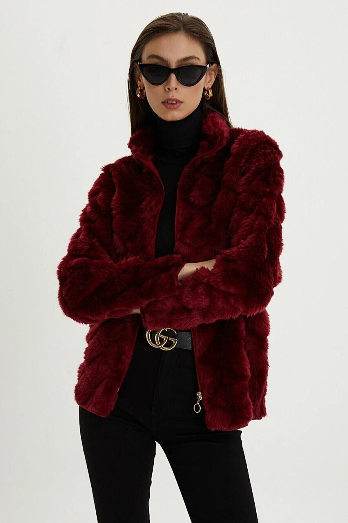 Kadın Bordo Baklava Desen Şık Peluş Suni Kürk Ceket HZL23W-DSB110071