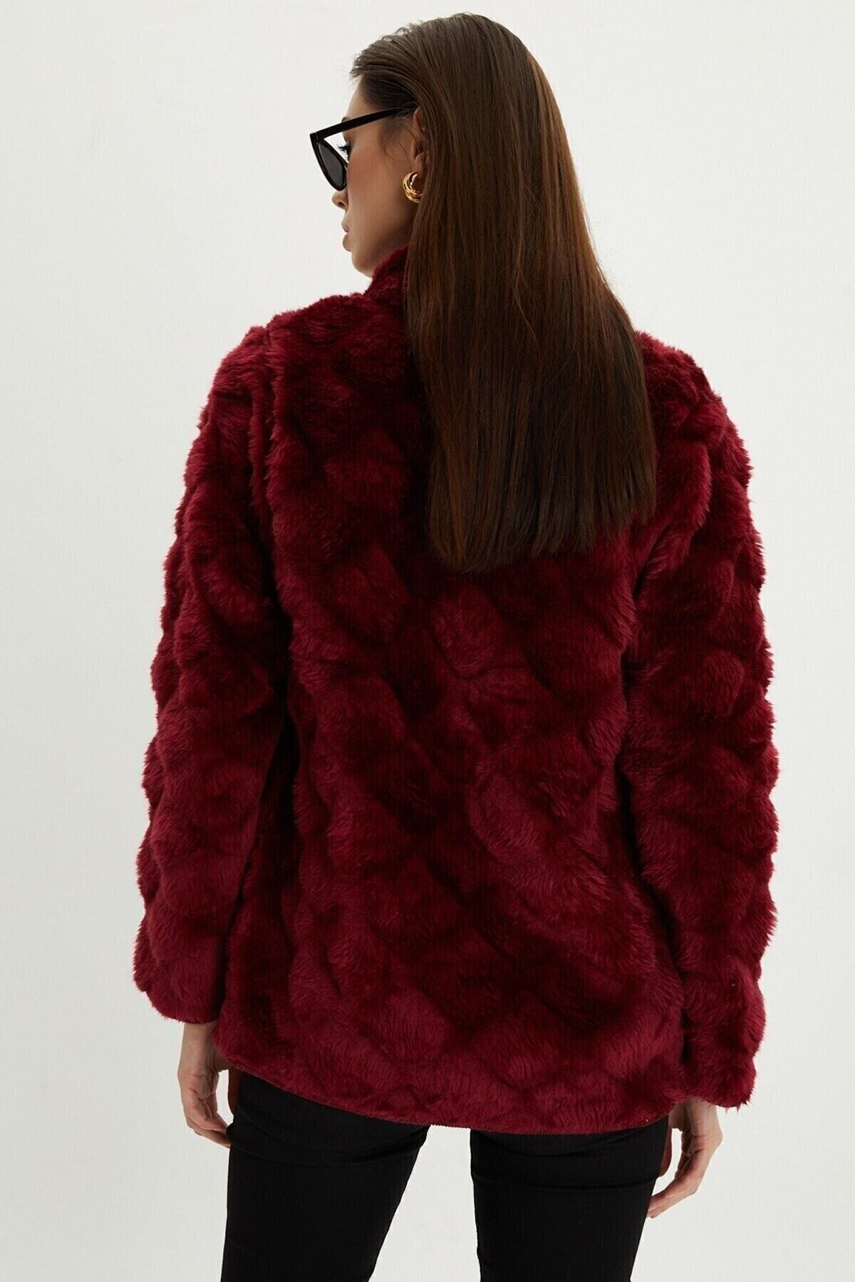 Kadın Bordo Baklava Desen Şık Peluş Suni Kürk Ceket HZL23W-DSB110071