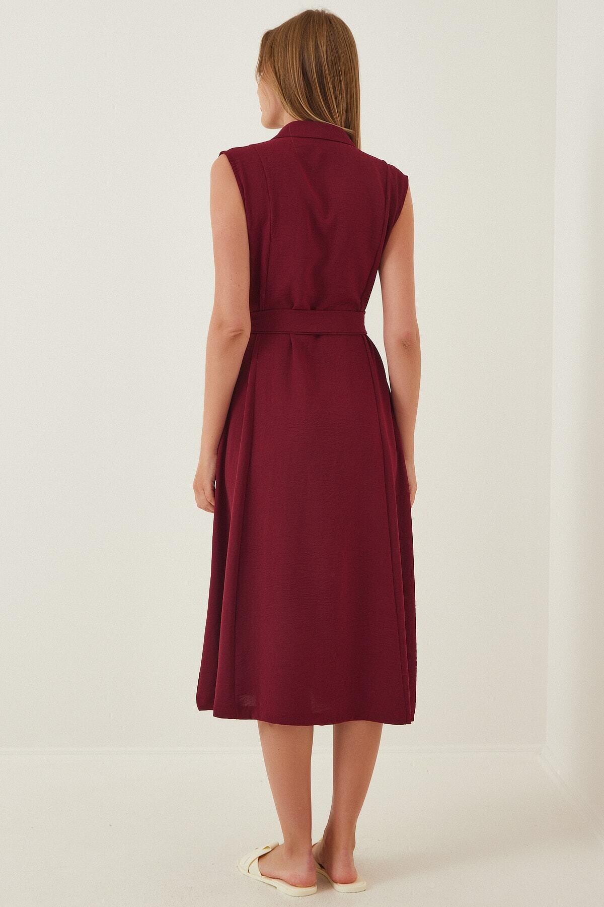 Kadın Bordo Gömlek Yaka Düğmeli  Kuşaklı Gizli Cepli Kolsuz Ayrobin Gömlek Elbise HZL22S-BD122261