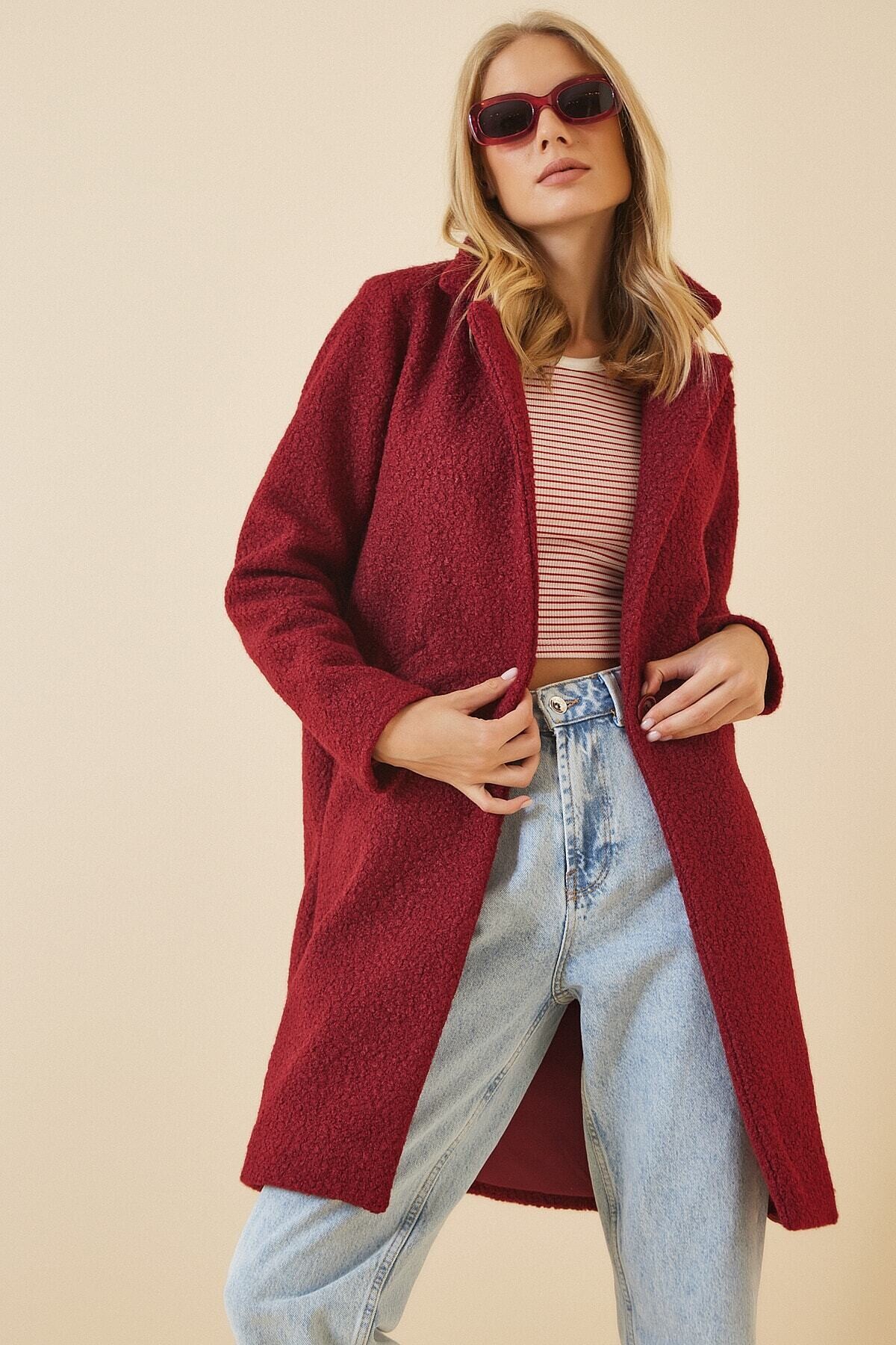 Kadın Bordo Tek Düğmeli Çift Cepli Astarlı Buklet Kaşe Kaban HZL22W-BD190821