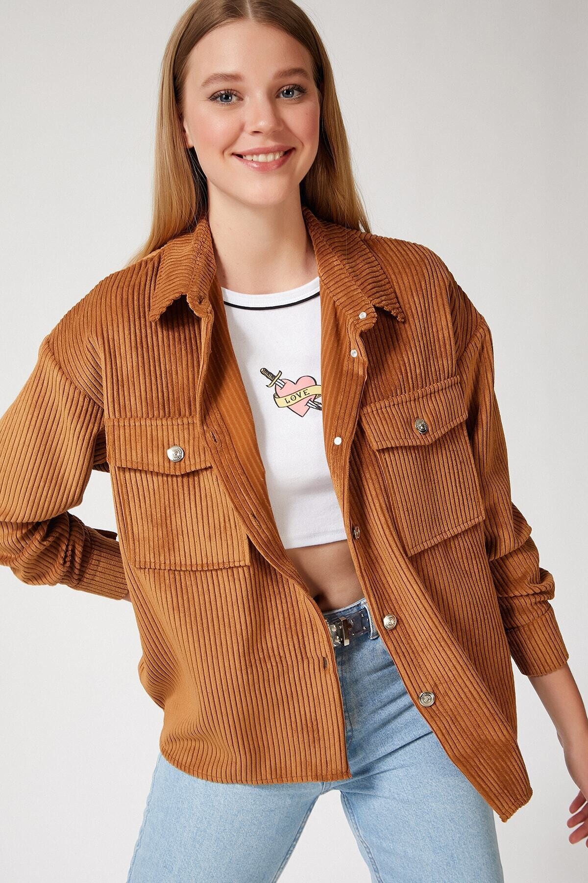 Kadın Camel Kadife Hafif Oversize Şık Gömlek HZL23W-BD138651