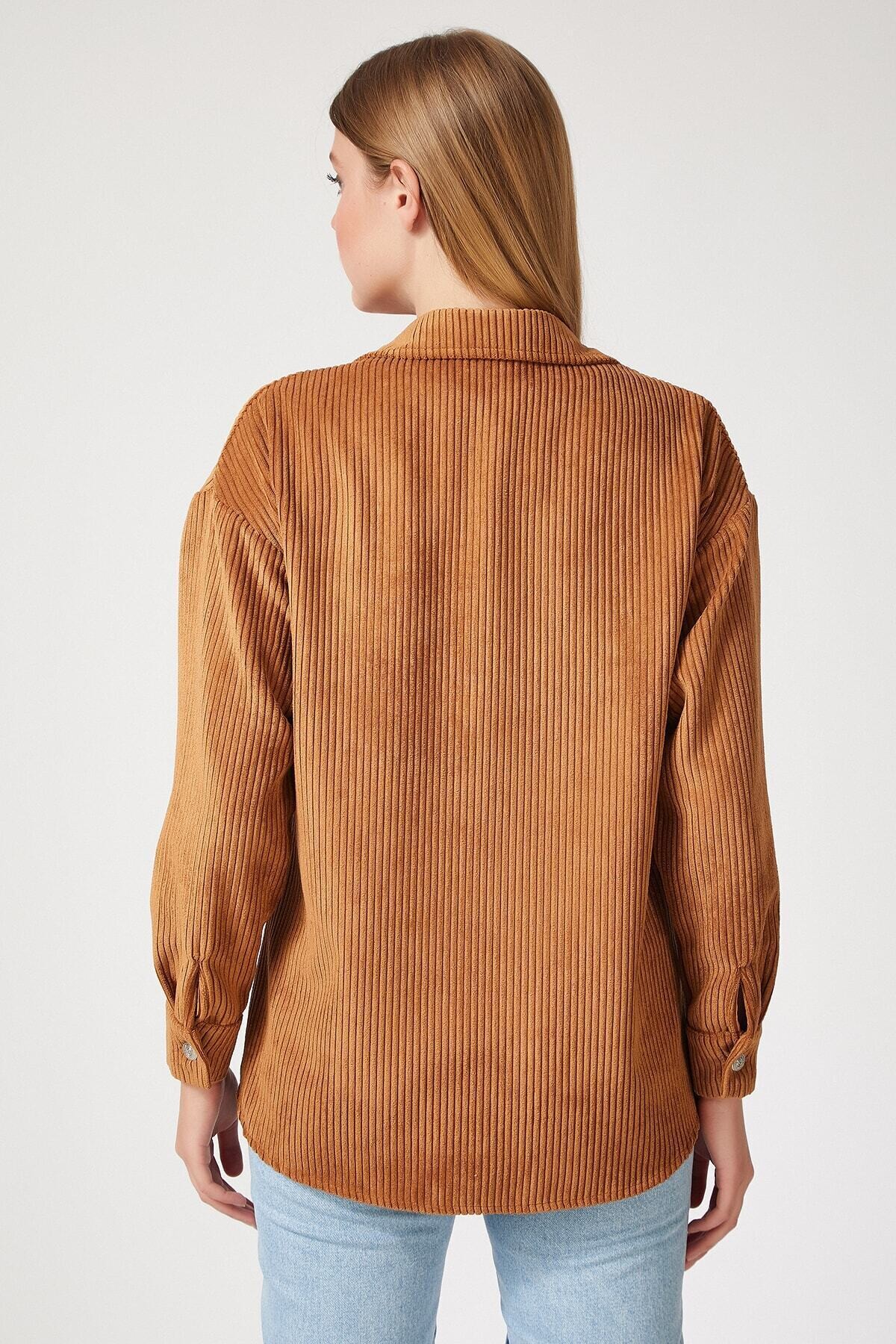 Kadın Camel Kadife Hafif Oversize Şık Gömlek HZL23W-BD138651