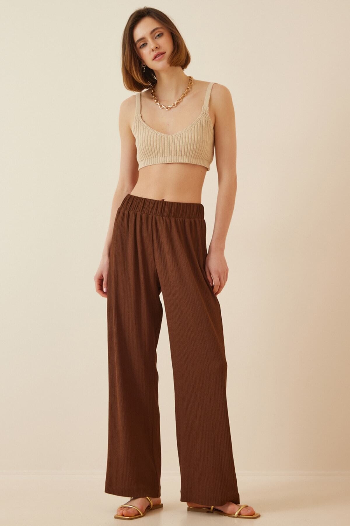 Kadın Çikolata Beli Lastikli Ayarlanabilir İpli Bol Paça Örme Palazzo Pantolon HZL22S-BD165431