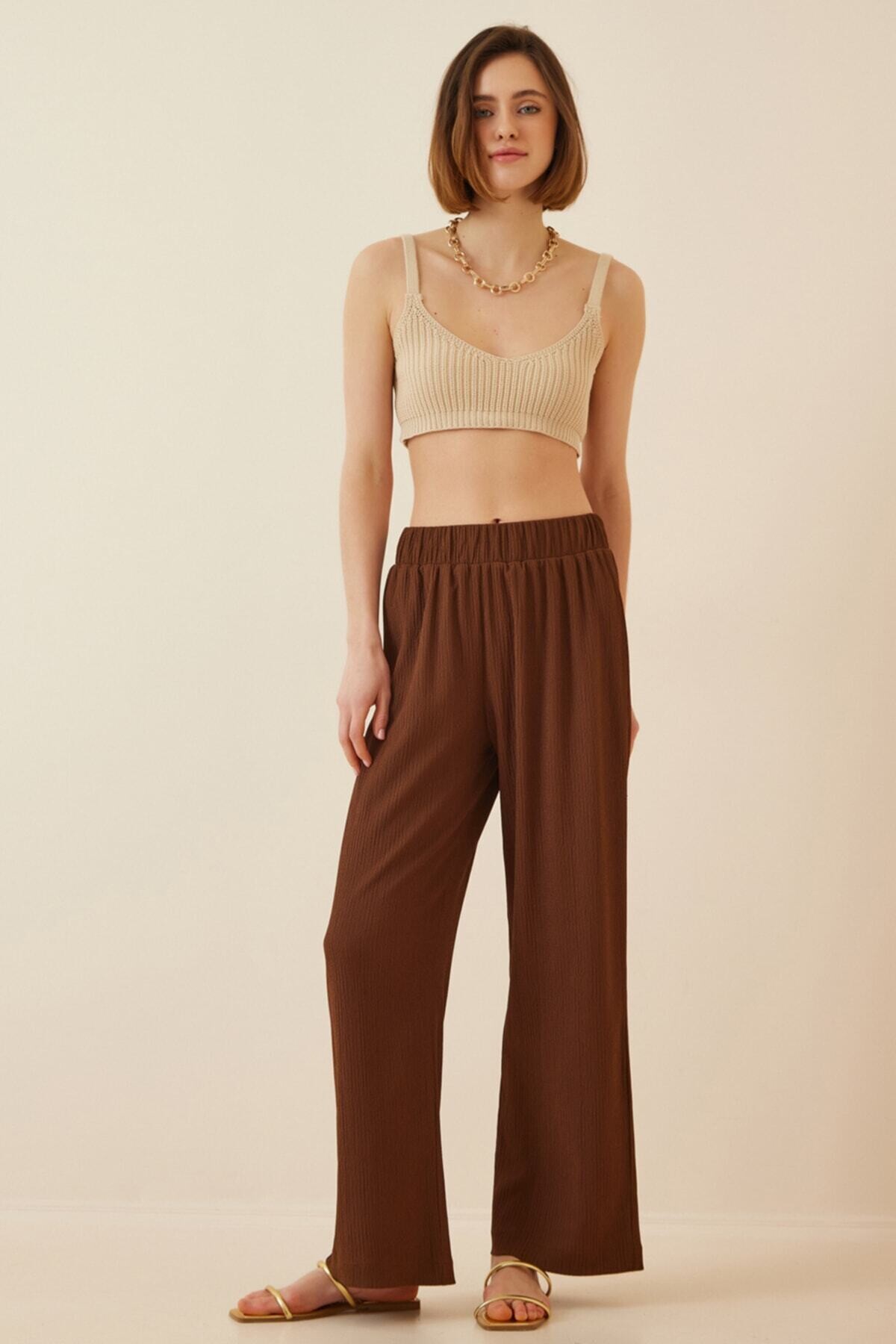 Kadın Çikolata Beli Lastikli Ayarlanabilir İpli Bol Paça Örme Palazzo Pantolon HZL22S-BD165431