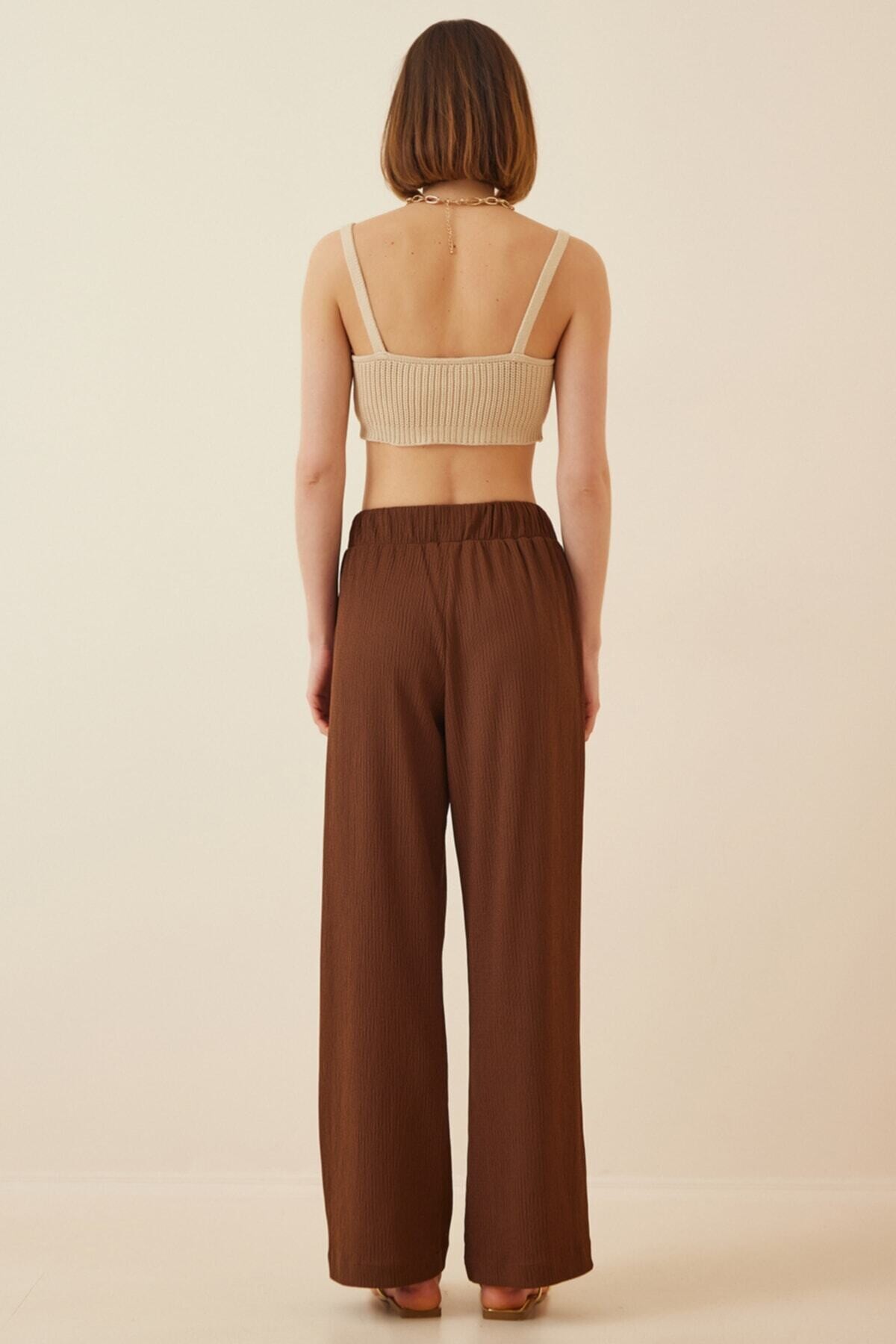 Kadın Çikolata Beli Lastikli Ayarlanabilir İpli Bol Paça Örme Palazzo Pantolon HZL22S-BD165431