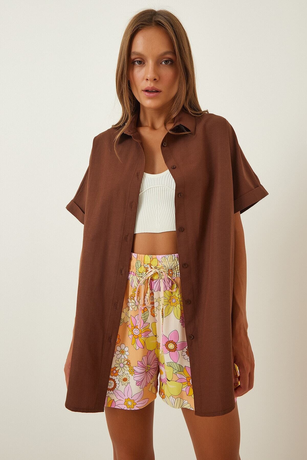 Kadın Çikolata Oversize Uzun Kısa Kollu Basic Poplin Gömlek HZL22S-BD1201201