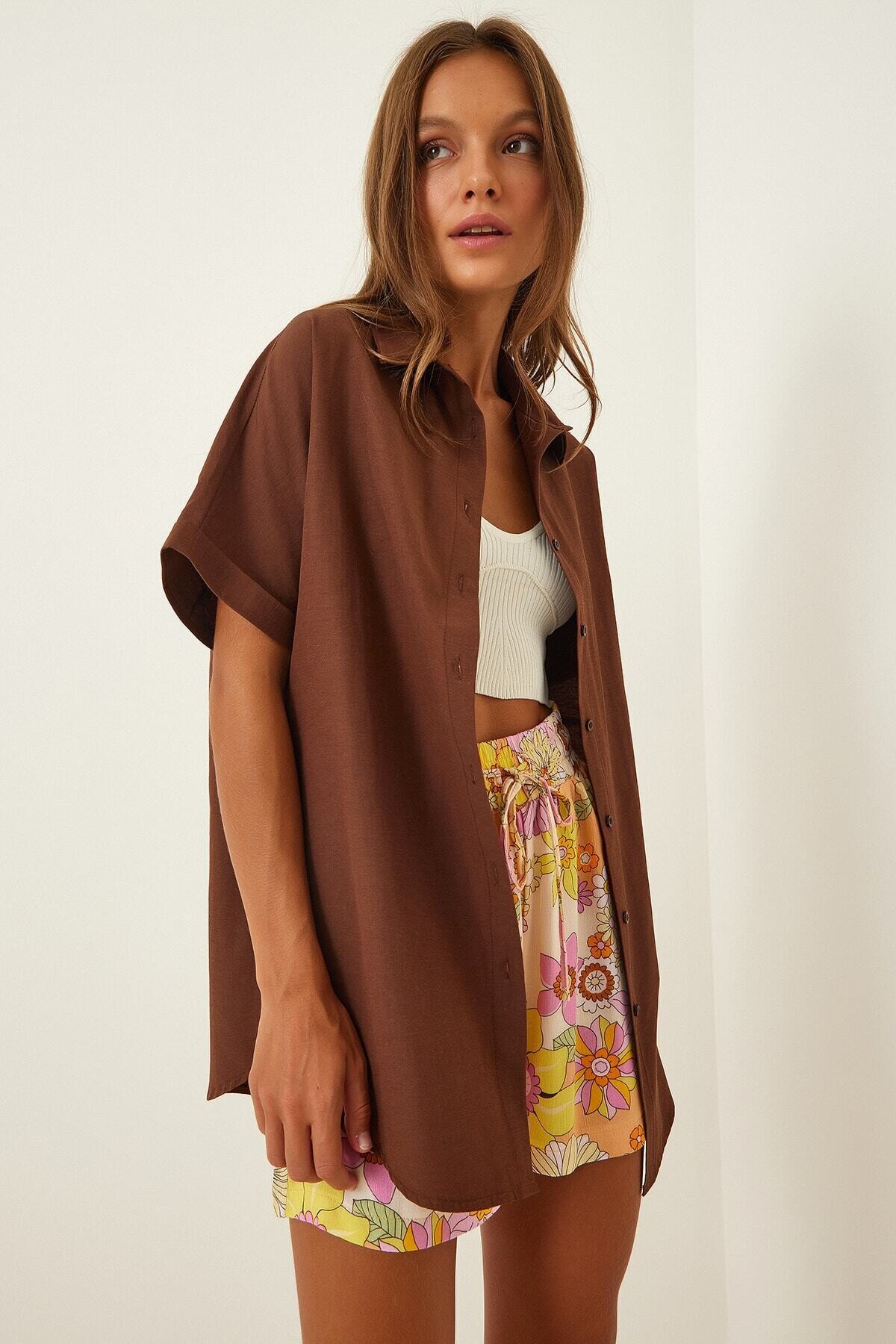Kadın Çikolata Oversize Uzun Kısa Kollu Basic Poplin Gömlek HZL22S-BD1201201
