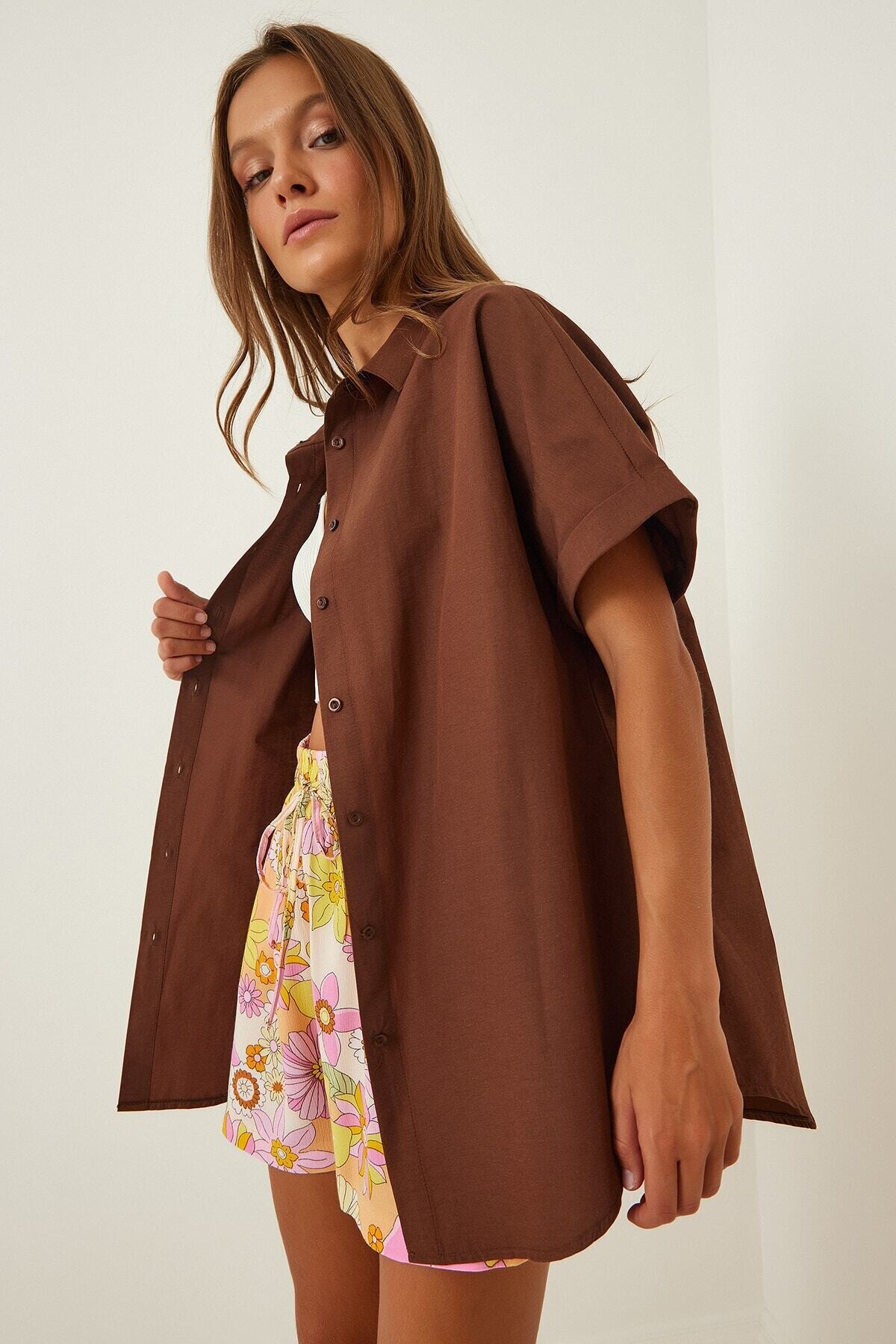 Kadın Çikolata Oversize Uzun Kısa Kollu Basic Poplin Gömlek HZL22S-BD1201201