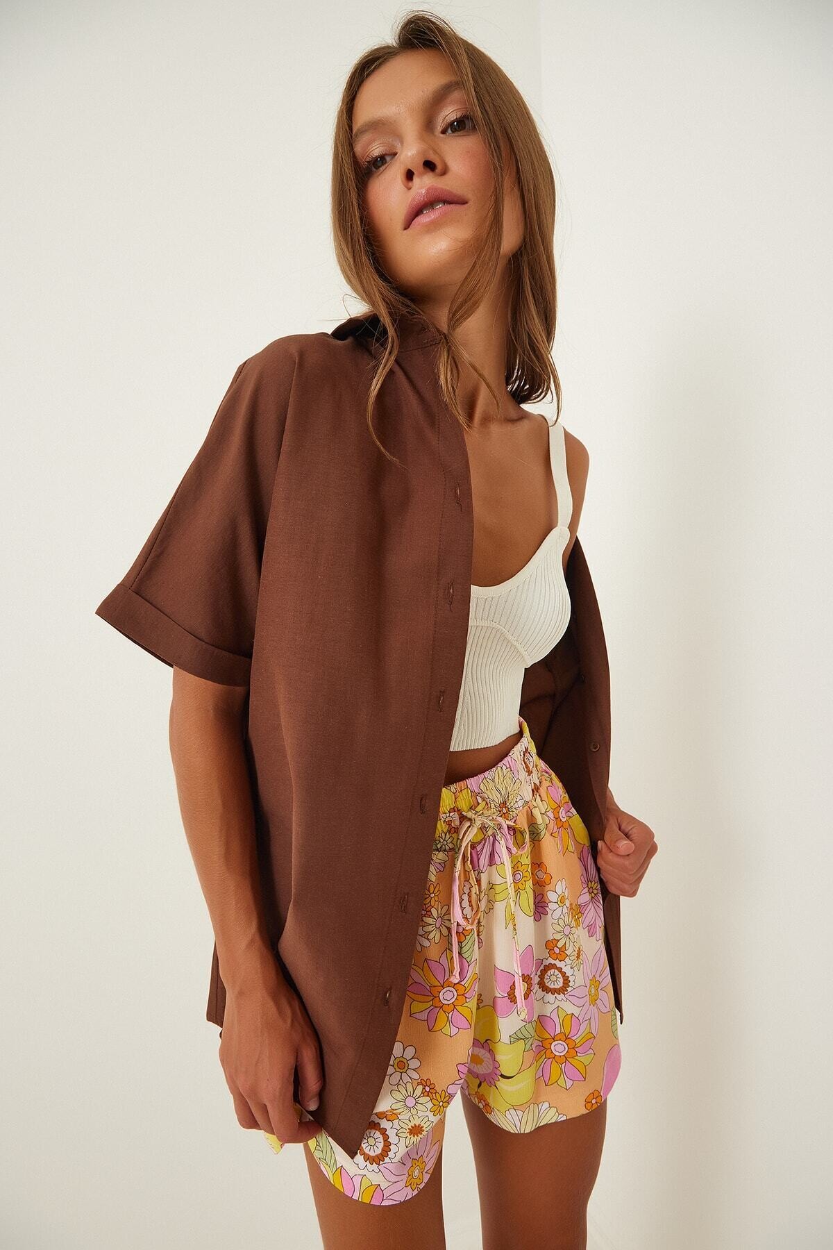 Kadın Çikolata Oversize Uzun Kısa Kollu Basic Poplin Gömlek HZL22S-BD1201201