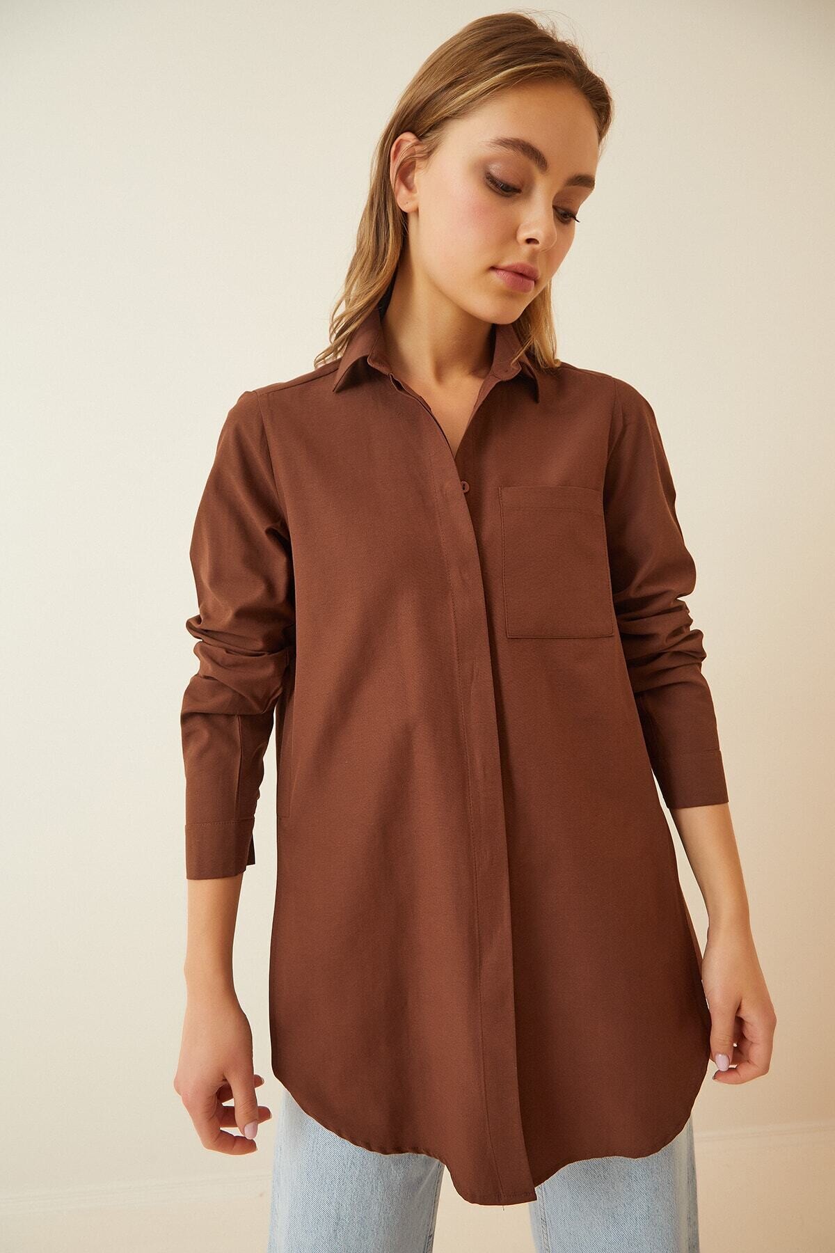 Kadın Çikolata Yırtmaçlı Basic Uzun Kollu Boyfriend Poplin Uzun Gömlek HZL22W-BD138791