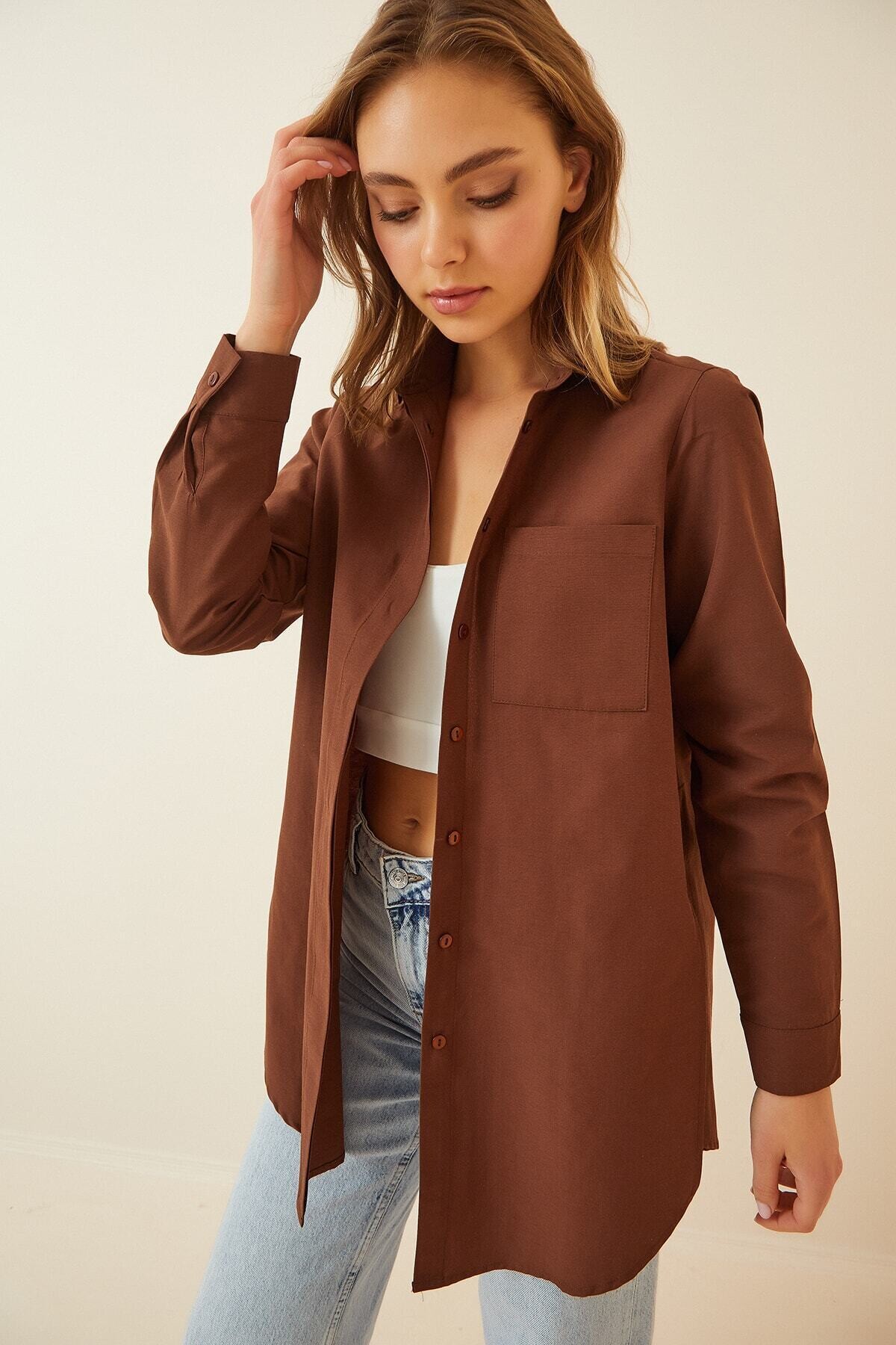 Kadın Çikolata Yırtmaçlı Basic Uzun Kollu Boyfriend Poplin Uzun Gömlek HZL22W-BD138791