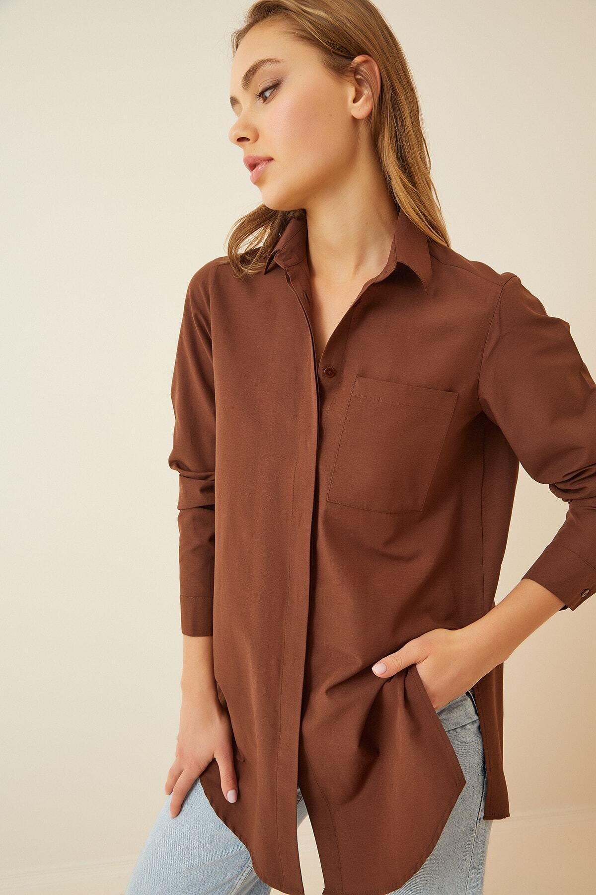 Kadın Çikolata Yırtmaçlı Basic Uzun Kollu Boyfriend Poplin Uzun Gömlek HZL22W-BD138791