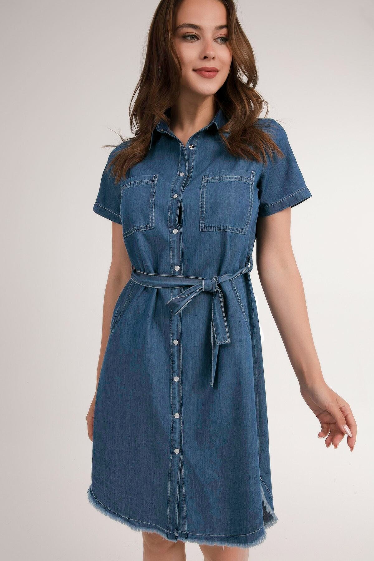 Kadın Denim Kuşaklı Kısa Kollu Önden Çıt Çıt Kapamalı Kot Elbise HZL22S-BD156411