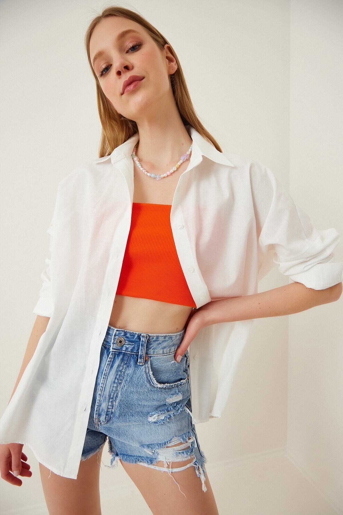 Kadın Ekru Oversize Uzun Basic Gömlek HZL22W-BD139001