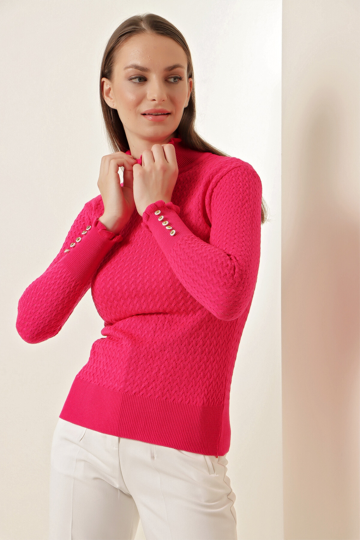 Kadın Fuşya Balıkçı Yaka Boğaz ve Bilekten Fırfırlı Triko Boğazlı Kazak HZL23W-BD1100621