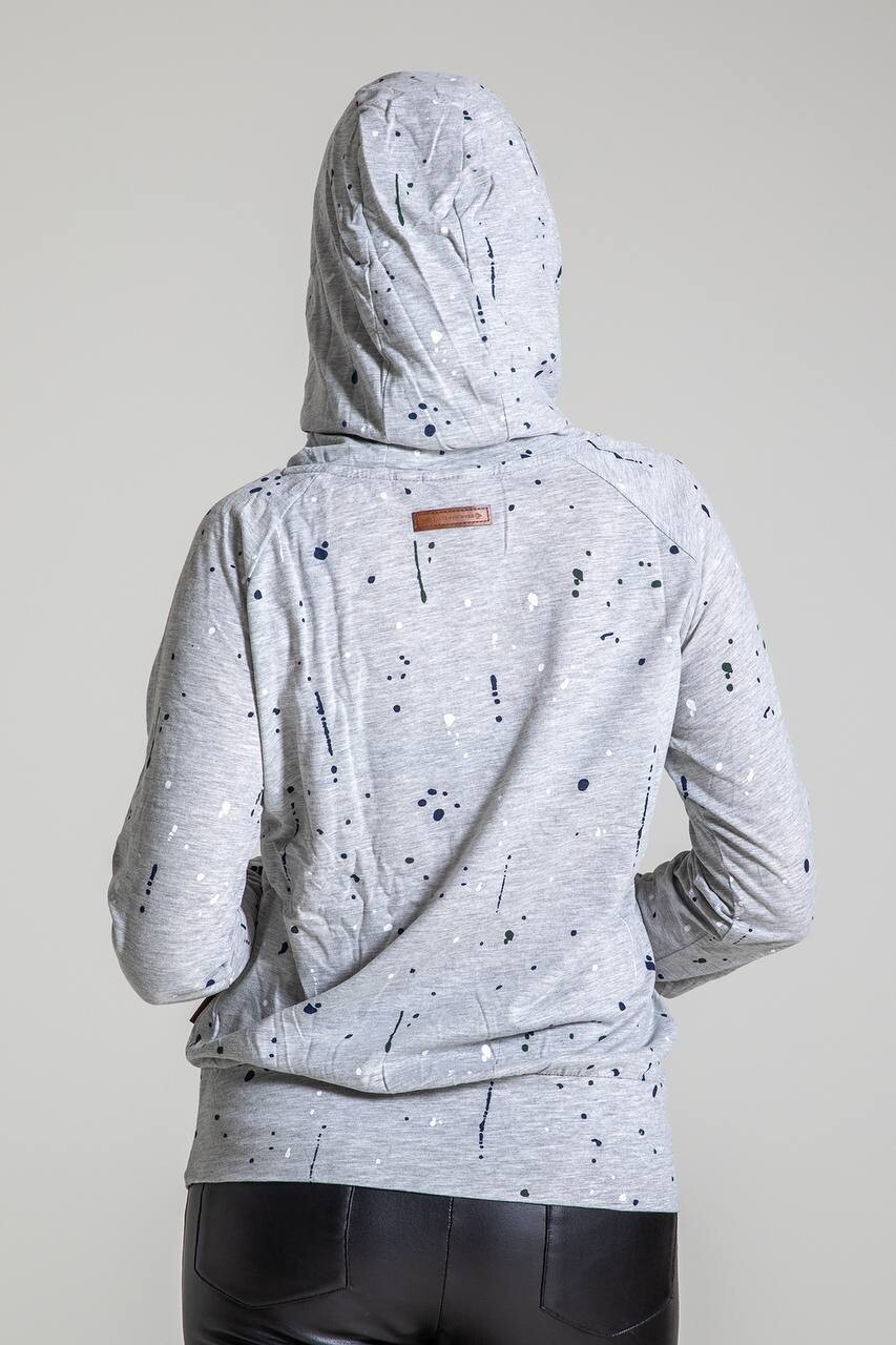 Kadın Gri Kapüşonlu Boya Desenli Reglan Kol Penye Sweatshirt HZL23W-SR120011