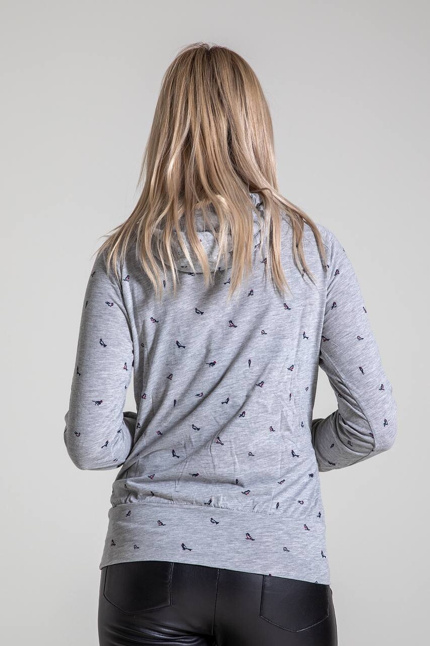 Kadın Gri Kapüşonlu Kuş Desenli Reglan Kol Penye Sweatshirt HZL23W-SR120011
