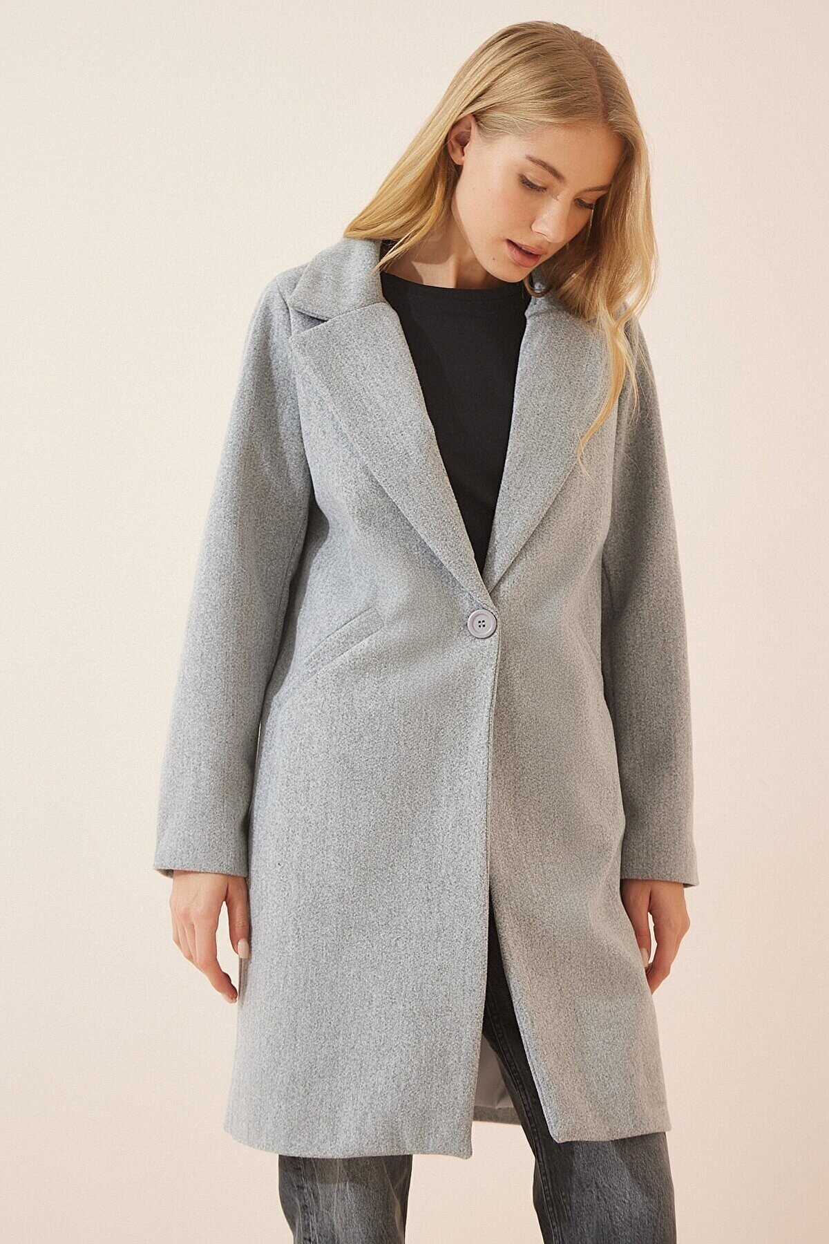 Kadın Gri Melanj Tek Düğmeli Çift Cepli Astarlı Şık Kaşe Kaban Hzl23w-bd190851