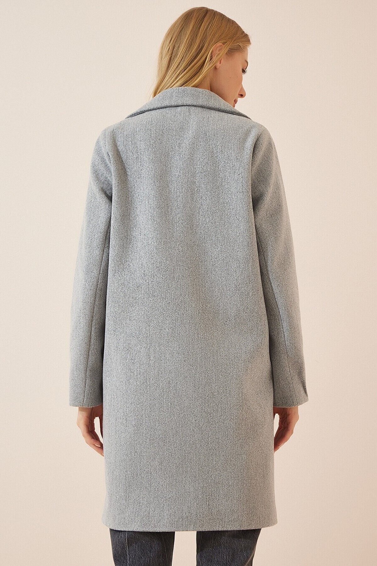 Kadın Gri Melanj Tek Düğmeli Çift Cepli Astarlı Şık Kaşe Kaban Hzl23w-bd190851