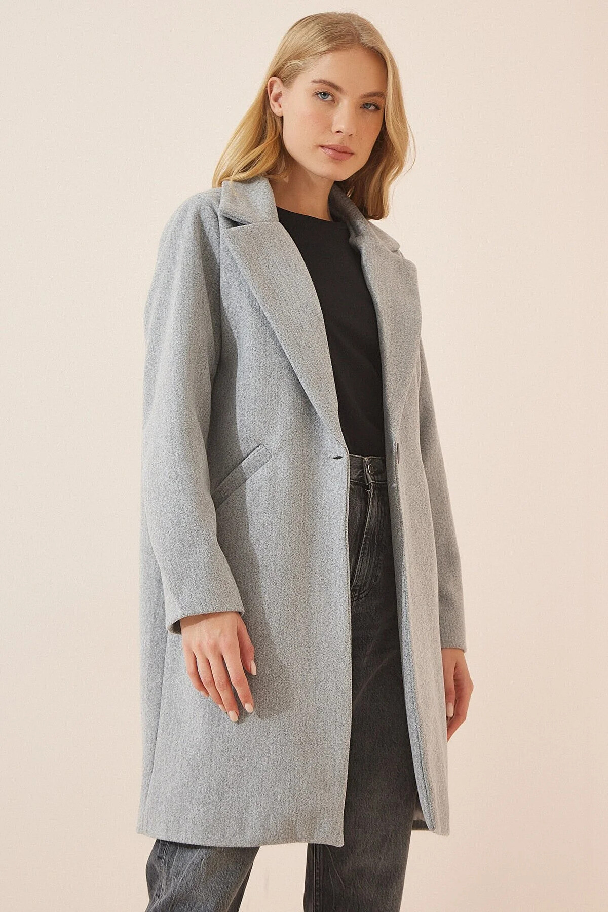 Kadın Gri Melanj Tek Düğmeli Çift Cepli Astarlı Şık Kaşe Kaban Hzl23w-bd190851