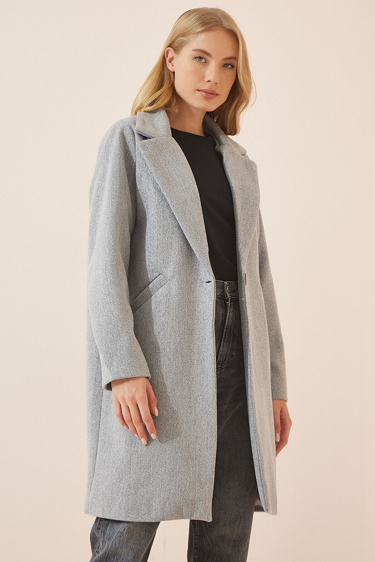 Kadın Gri Melanj Tek Düğmeli Çift Cepli Astarlı Şık Kaşe Kaban Hzl23w-bd190851