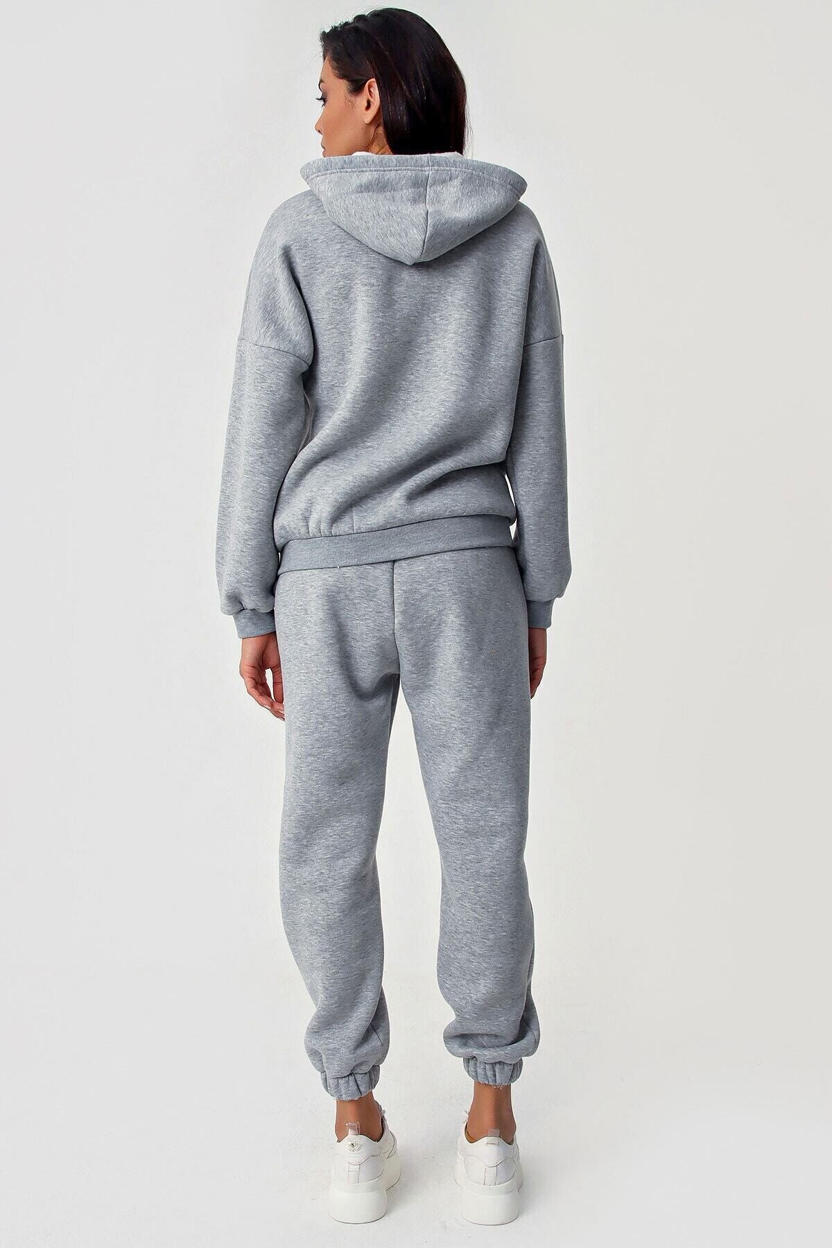 Kadın Gri Oversize Kapüşonlu Polarlı Eşofman Takımı HZL22W-BD1553231